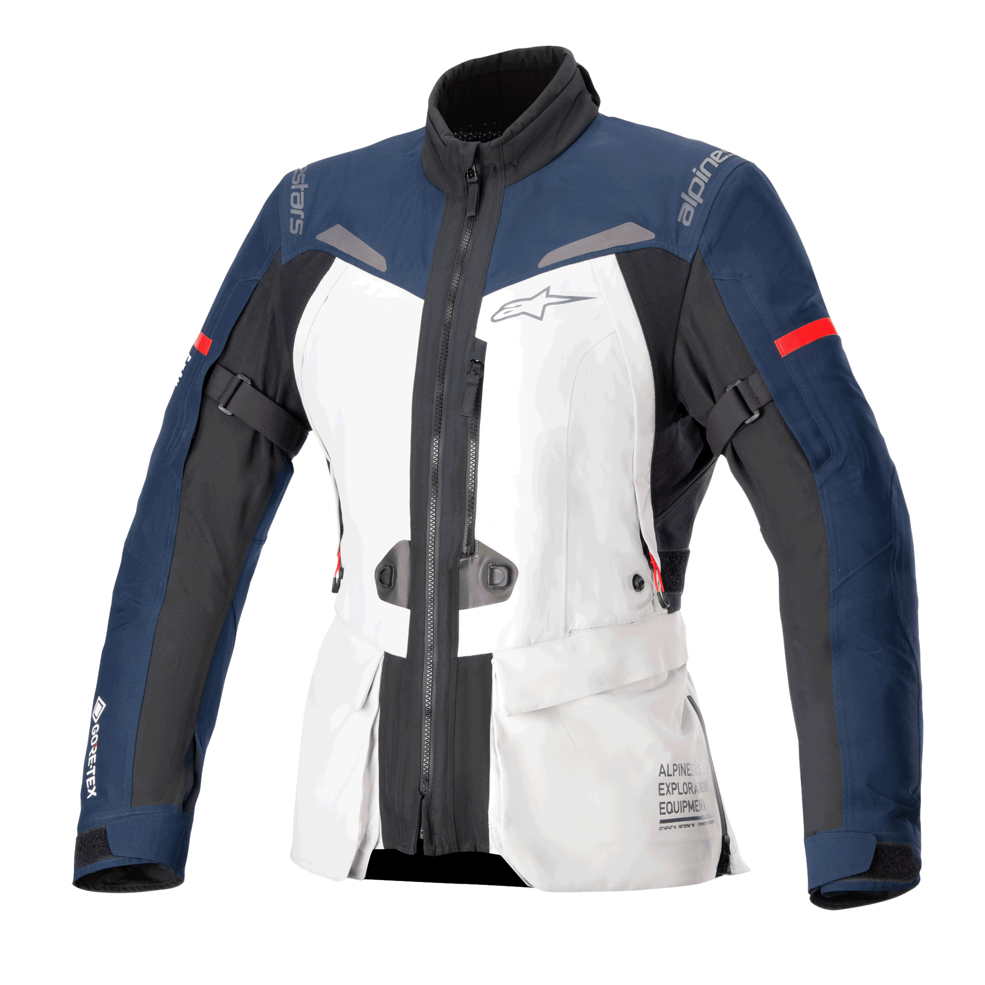 Alpinestars Giacca Donna Stella ST-7 2L GORE-TEX, giacca da moto touring, grigio ghiaccio, blu scuro e nero con accenti rossi, dotata di tasche cargo frontali, cinghie regolabili sulle braccia, collo alto e costruzione impermeabile laminata per adventure touring