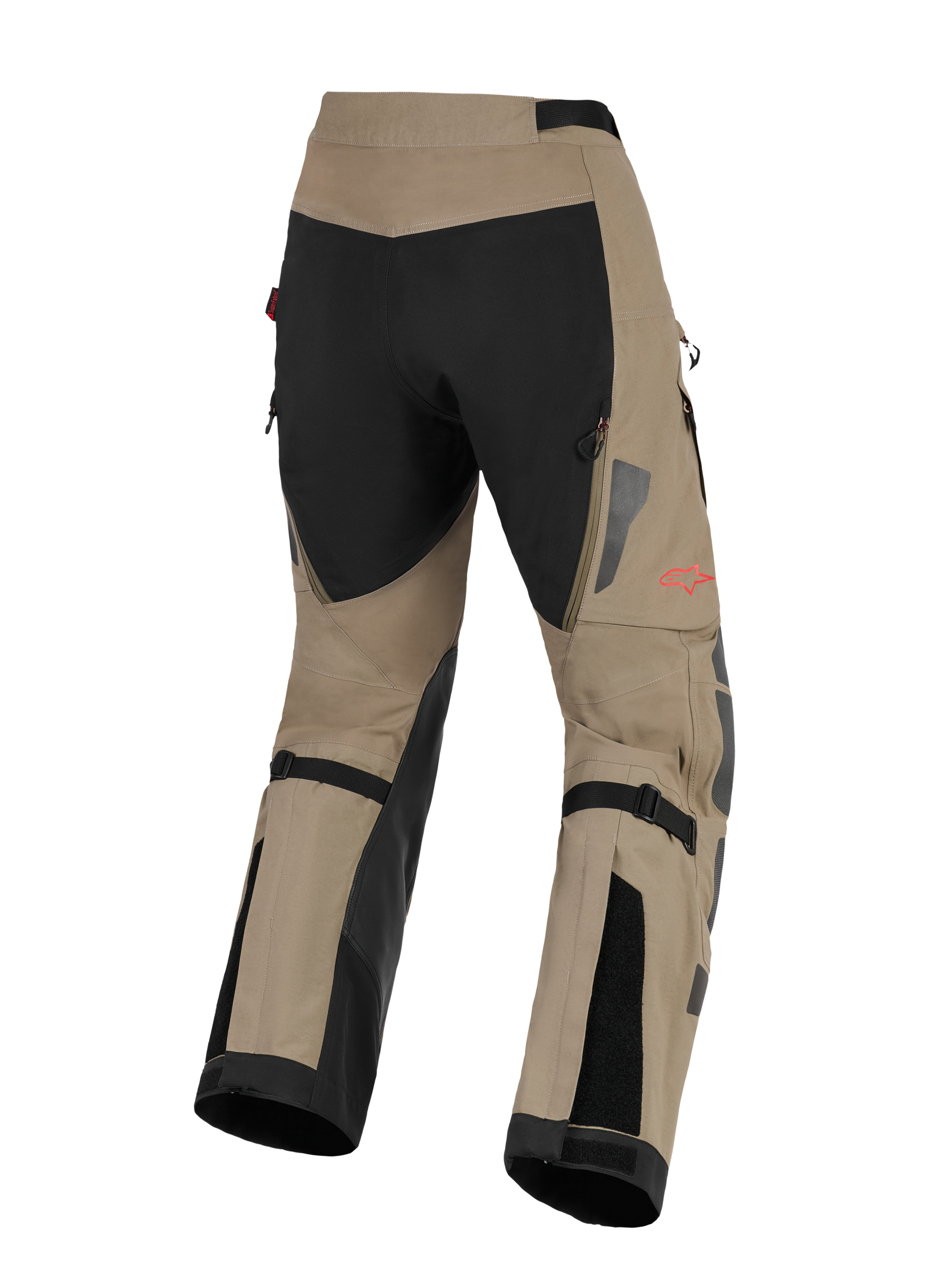 Pantaloni Alpinestars Nazca 3L GORE-TEX PRO, pantaloni da moto Adventure, color noce e nero, vista posteriore con inserto nero sulla seduta e gambe color noce, logo a stella rosso laterale, regolazioni polpaccio nere e dettagli riflettenti argento