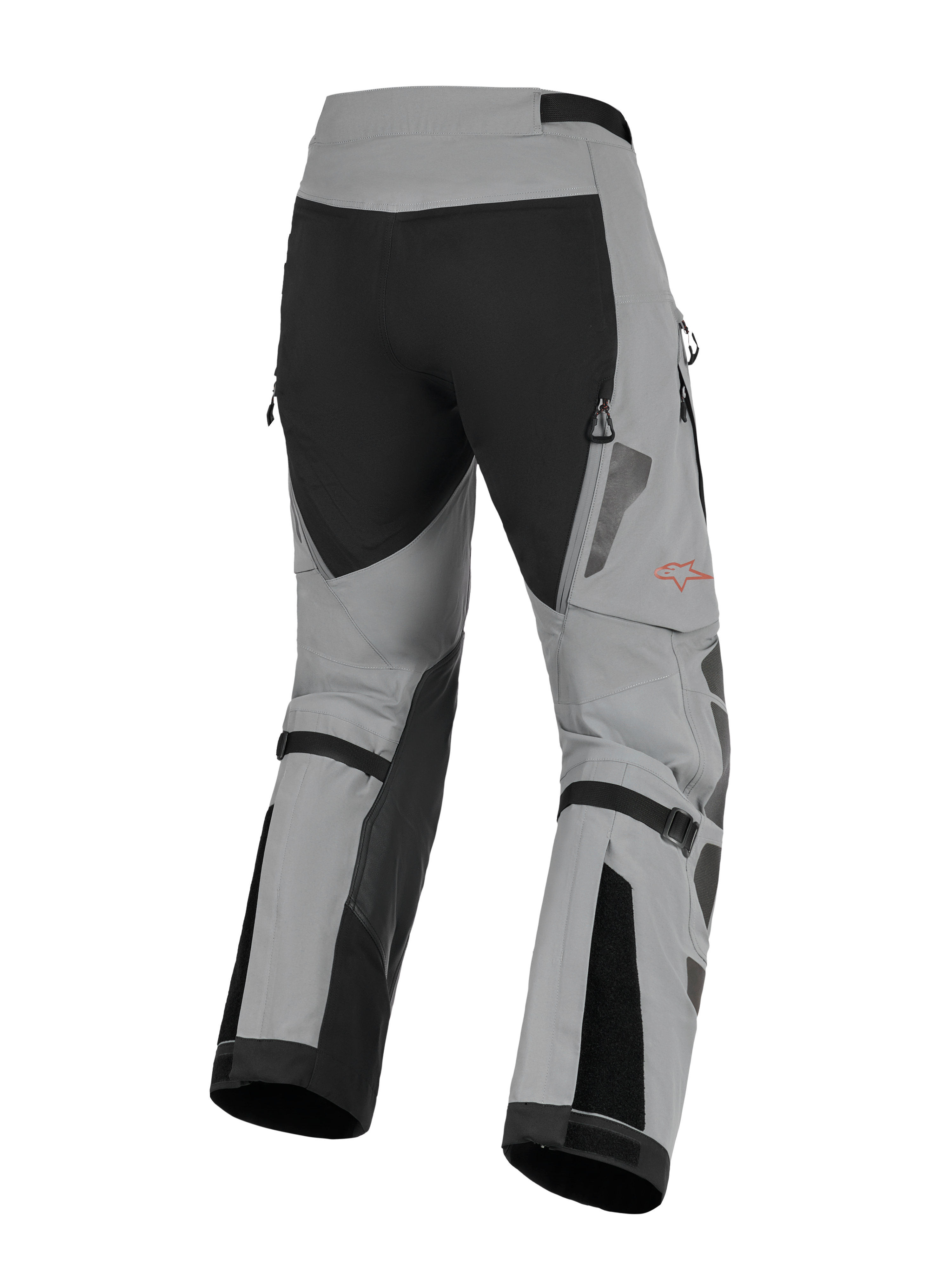 Pantaloni Alpinestars Nazca 3L GORE-TEX PRO, pantaloni da moto adventure, grigio scuro e nero, vista posteriore che mostra i regolatori di volume del polpaccio e le prese d'aria di scarico con zip, robusta costruzione in tessuto con logo Alpinestars rosso sulla gamba