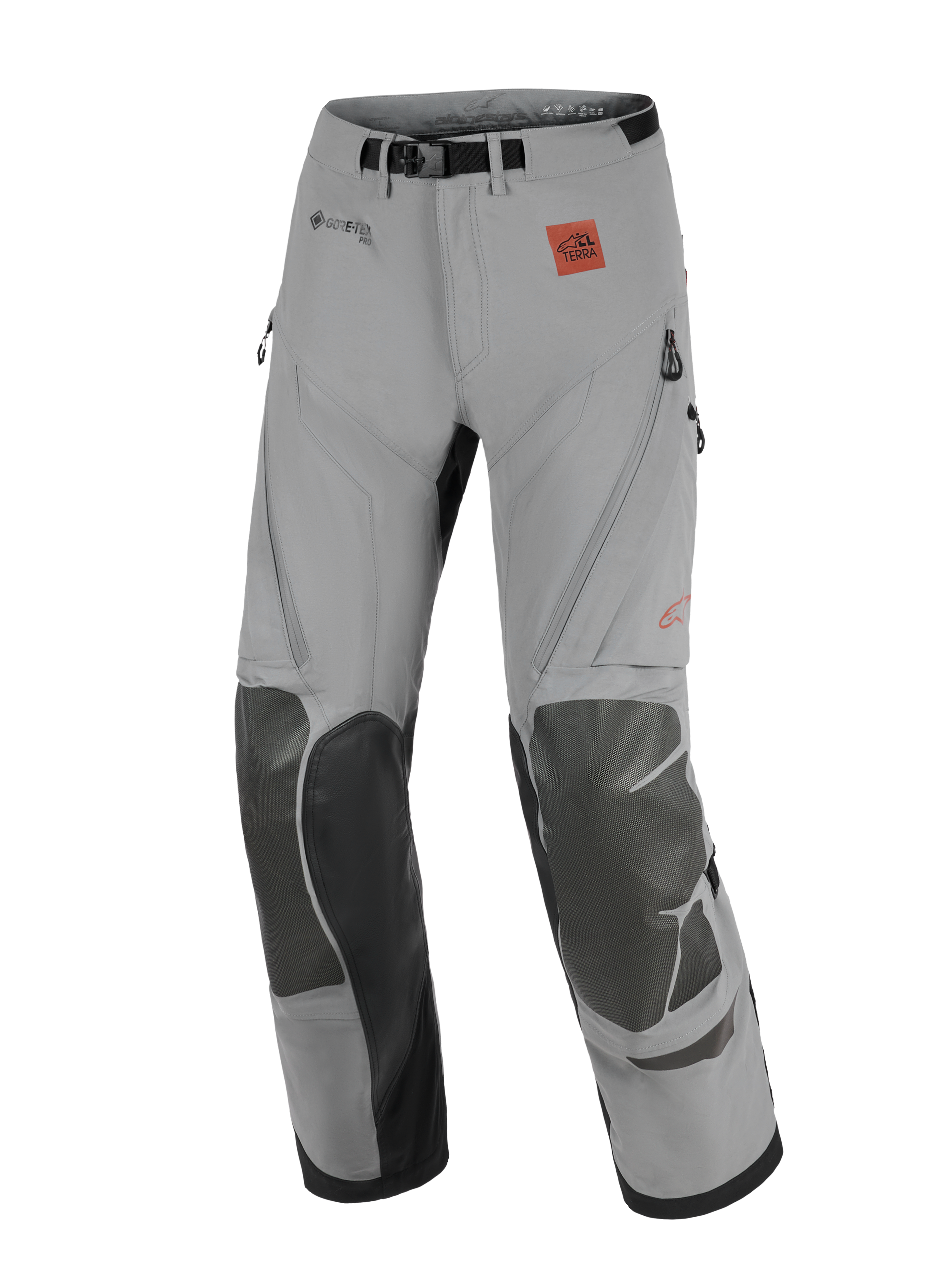 Pantaloni Alpinestars Nazca 3L GORE-TEX PRO, pantaloni da moto adventure, grigio scuro e nero, con pannelli rinforzati sulle ginocchia, branding GORE-TEX PRO e logo All Terra, design tecnico per off-road e touring