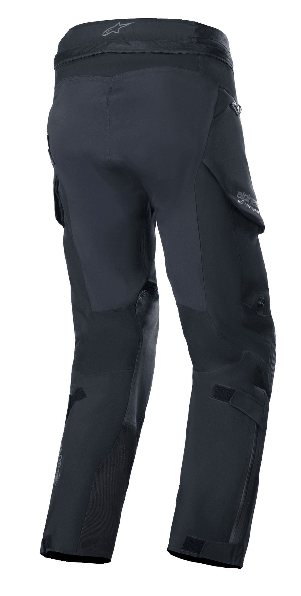 Pantaloni Alpinestars Boulder 3L GORE-TEX, pantaloni da moto adventure, nero, vista posteriore con seduta rinforzata e pannelli sull'interno gamba, tasche cargo impermeabili, logo GORE-TEX sulla parte inferiore della gamba e costruzione laminata resistente.