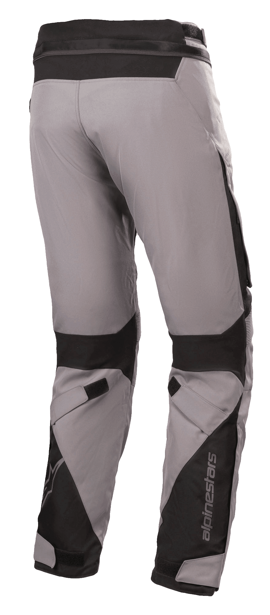 Pantaloni Alpinestars Road Pro GORE-TEX, pantaloni da moto touring, grigio scuro e nero, vista posteriore con costruzione in tessuto tecnico, rinforzi in nylon balistico nero, cinghie regolabili su ginocchia e caviglie e logo Alpinestars.