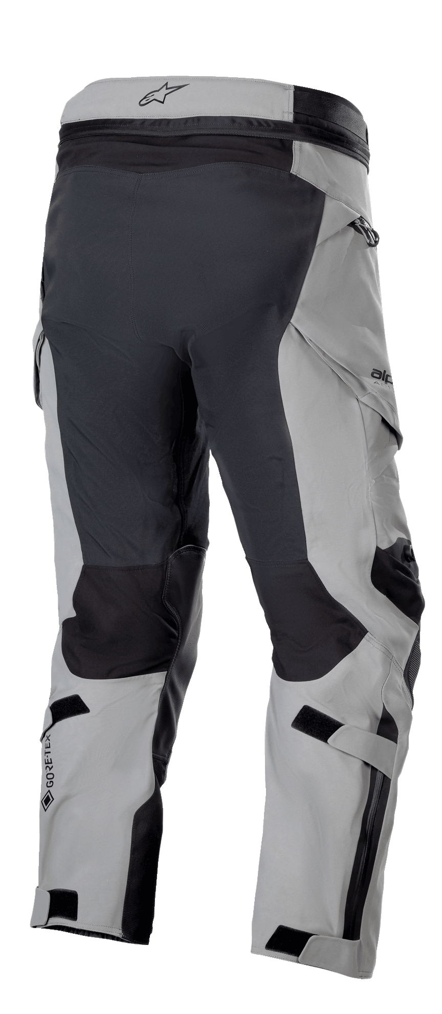 Pantaloni Alpinestars Boulder 3L GORE-TEX, versione corta, grigio scuro e nero, vista posteriore che evidenzia i pannelli rinforzati, logo GORE-TEX, cinghie di regolazione e design ergonomico di derivazione motocross
