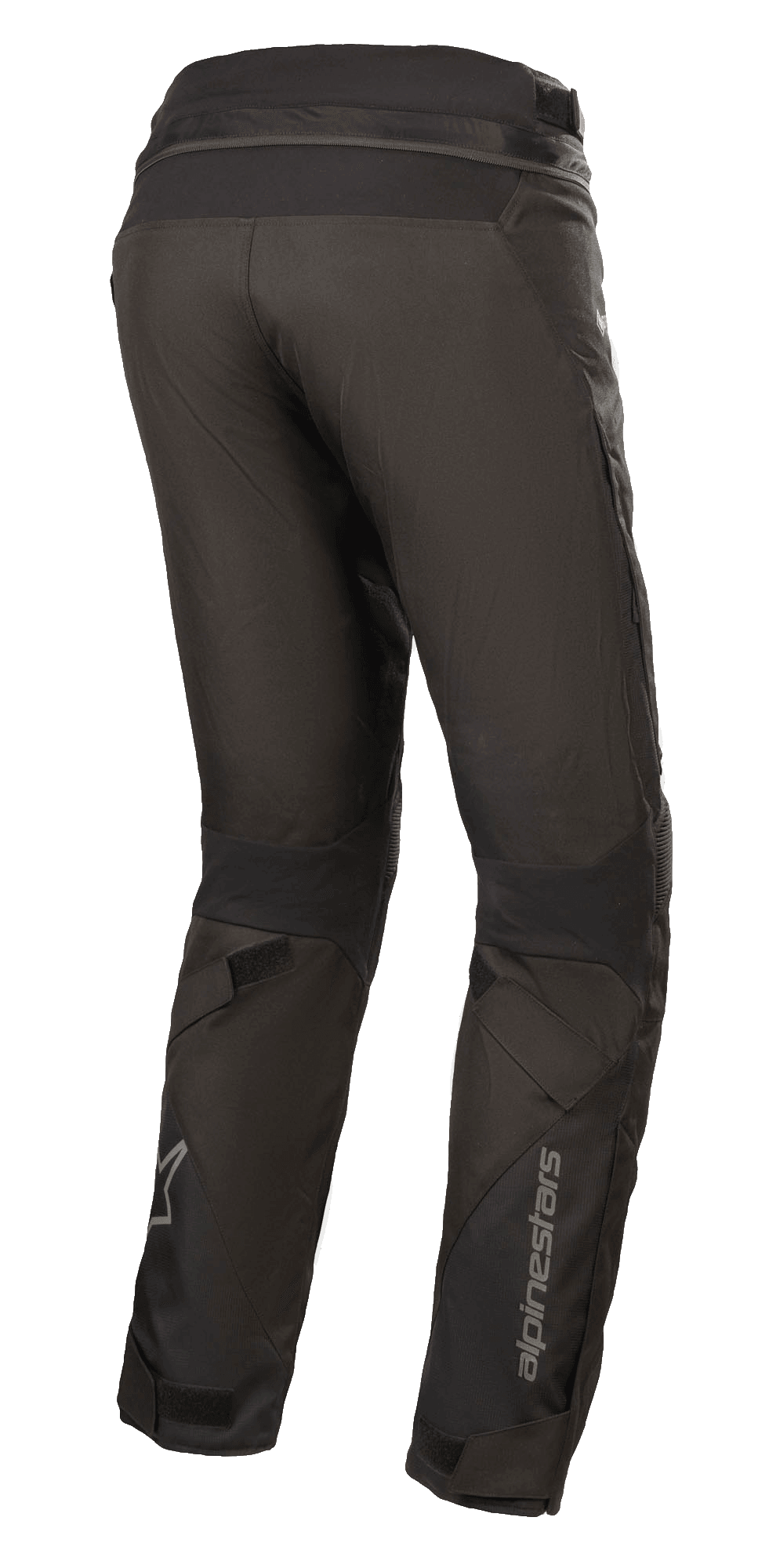 Pantaloni Alpinestars Stella Road Pro GORE-TEX da donna, nero, vista posteriore a tre quarti, pantaloni da moto in tessuto tecnico con logo Alpinestars riflettente sulla parte inferiore della gamba, vestibilità rastremata, regolatori in velcro e cerniera di connessione in vita per adventure touring.