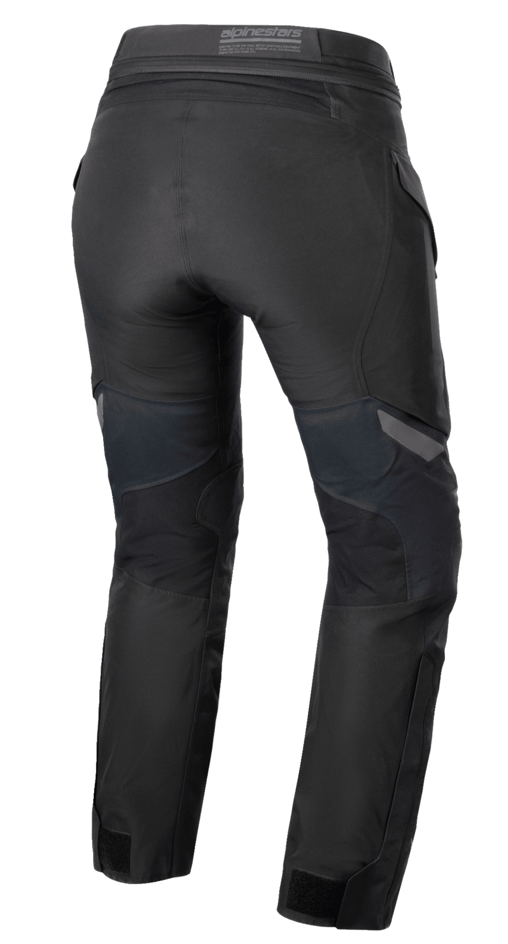 Pantaloni Alpinestars Stella ST-7 2L GORE-TEX da donna, nero e grigio scuro, vista posteriore che mostra la struttura in tessuto adventure touring, il carré posteriore e i dettagli della vita.