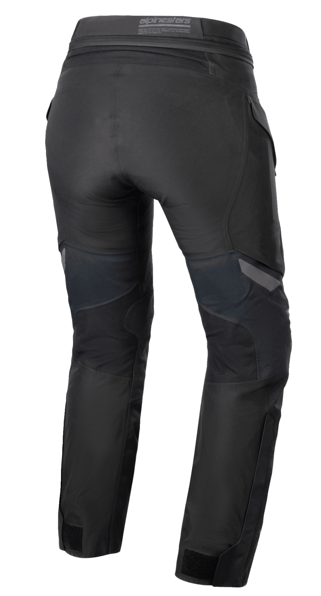Pantaloni Alpinestars Stella ST-7 2L GORE-TEX da donna, nero e grigio scuro, vista posteriore che mostra la struttura in tessuto adventure touring, il carré posteriore e i dettagli della vita.