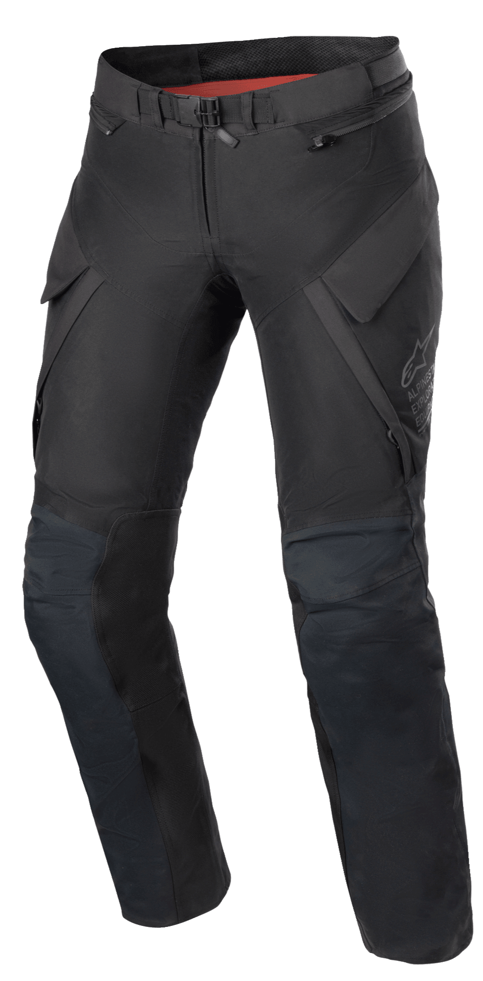 Pantaloni da donna Alpinestars Stella ST-7 2L GORE-TEX, pantaloni da moto adventure touring, nero e grigio scuro, vista frontale con tasche cargo, fibbia magnetica in vita, ginocchia articolate con posizionamento delle protezioni e logo Alpinestars sulla coscia.