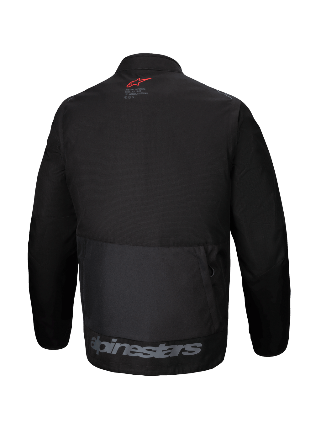 Alpinestars Pro-Dura Jacket, vista posteriore, giacca da enduro in tessuto nero, ampia tasca cargo posteriore, logo a stella rosso sul collo, marchio Alpinestars grigio sull'orlo inferiore, design robusto da fuoristrada