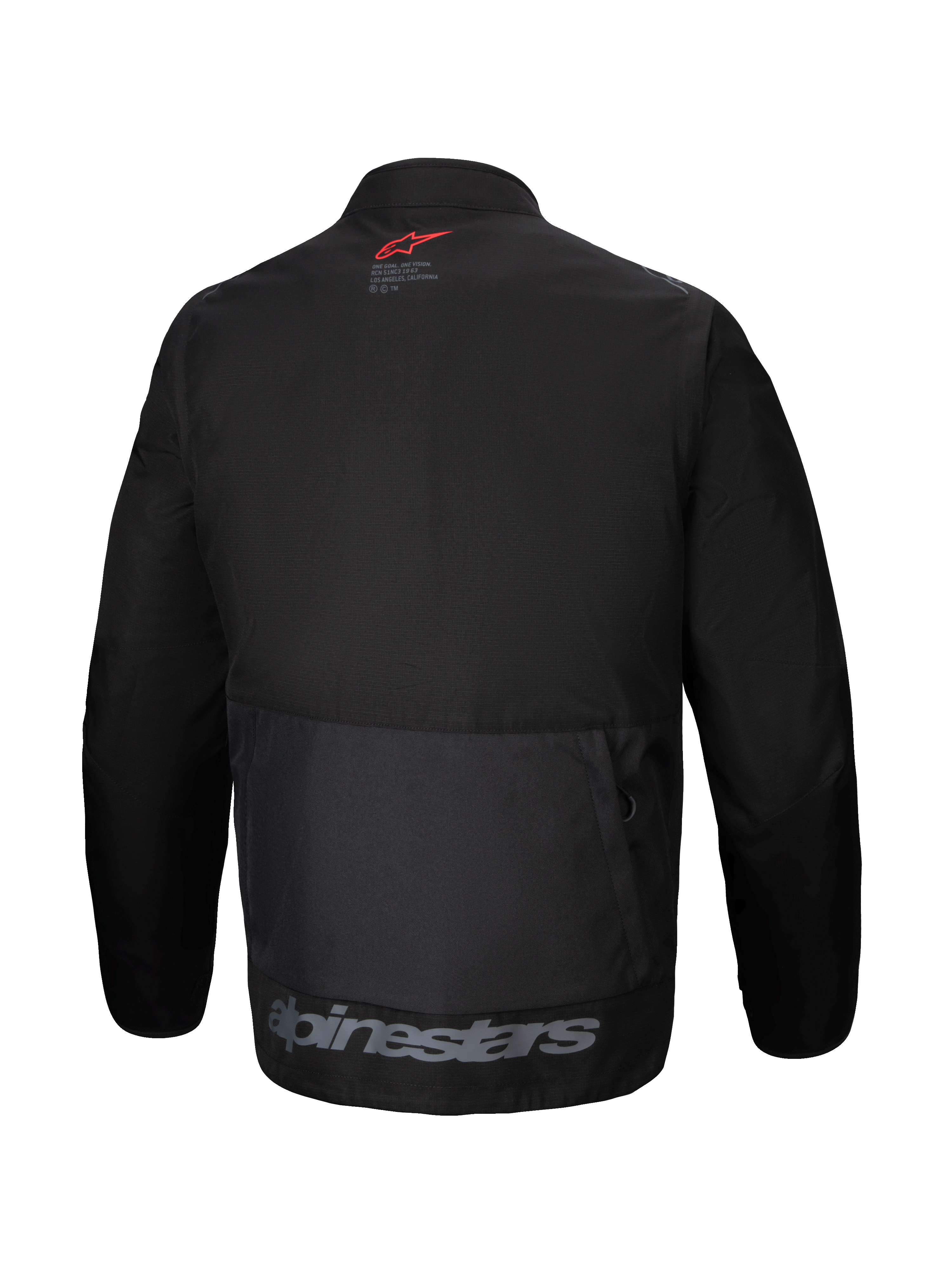 Alpinestars Pro-Dura Jacket, vista posteriore, giacca da enduro in tessuto nero, ampia tasca cargo posteriore, logo a stella rosso sul collo, marchio Alpinestars grigio sull'orlo inferiore, design robusto da fuoristrada