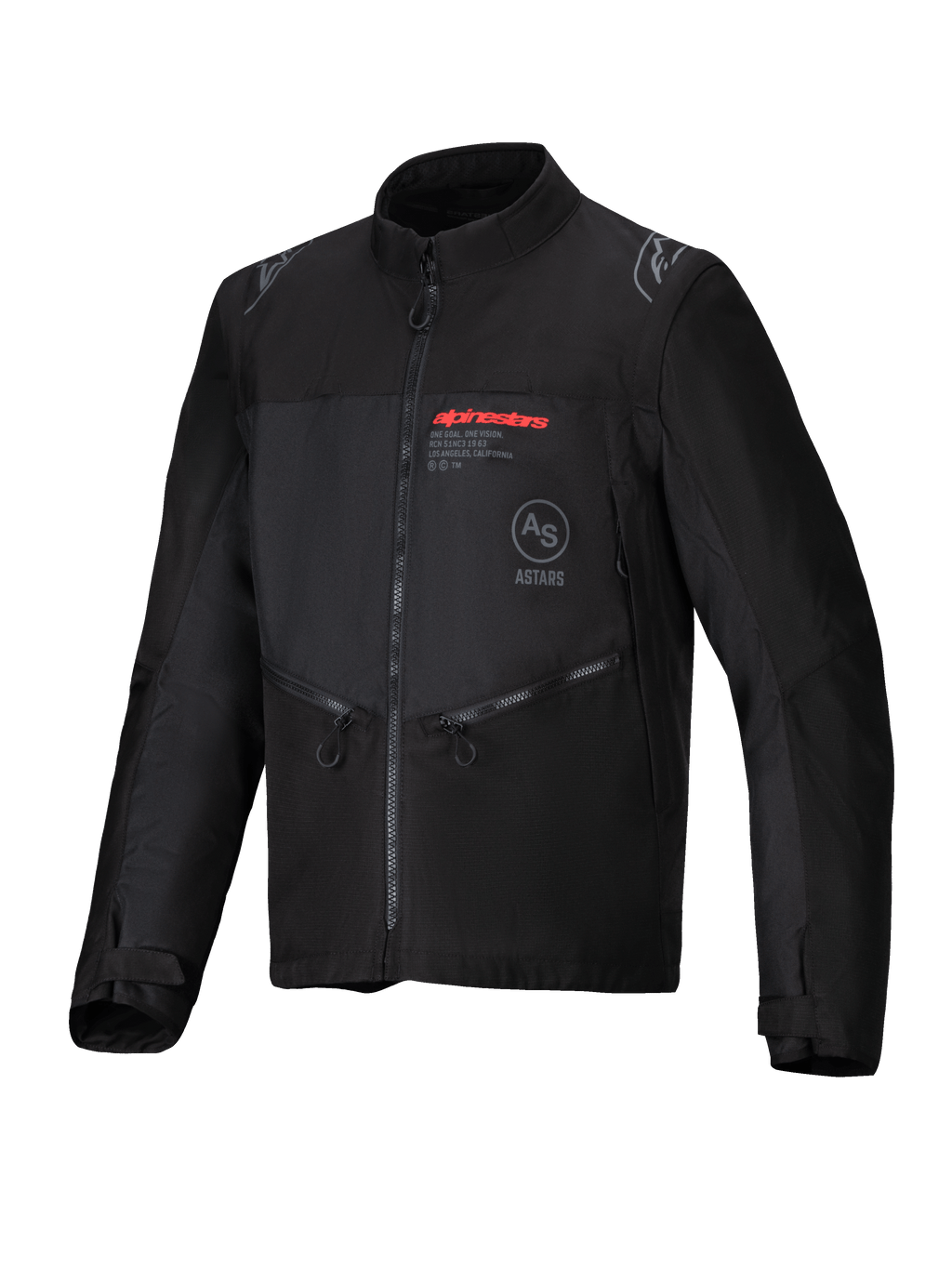 Giacca Alpinestars Pro-Dura, nero, giacca da moto fuoristrada in tessuto ripstop resistente, logo Alpinestars rosso sul petto, tasche con zip oblique e dettagli del logo a stella sulle spalle