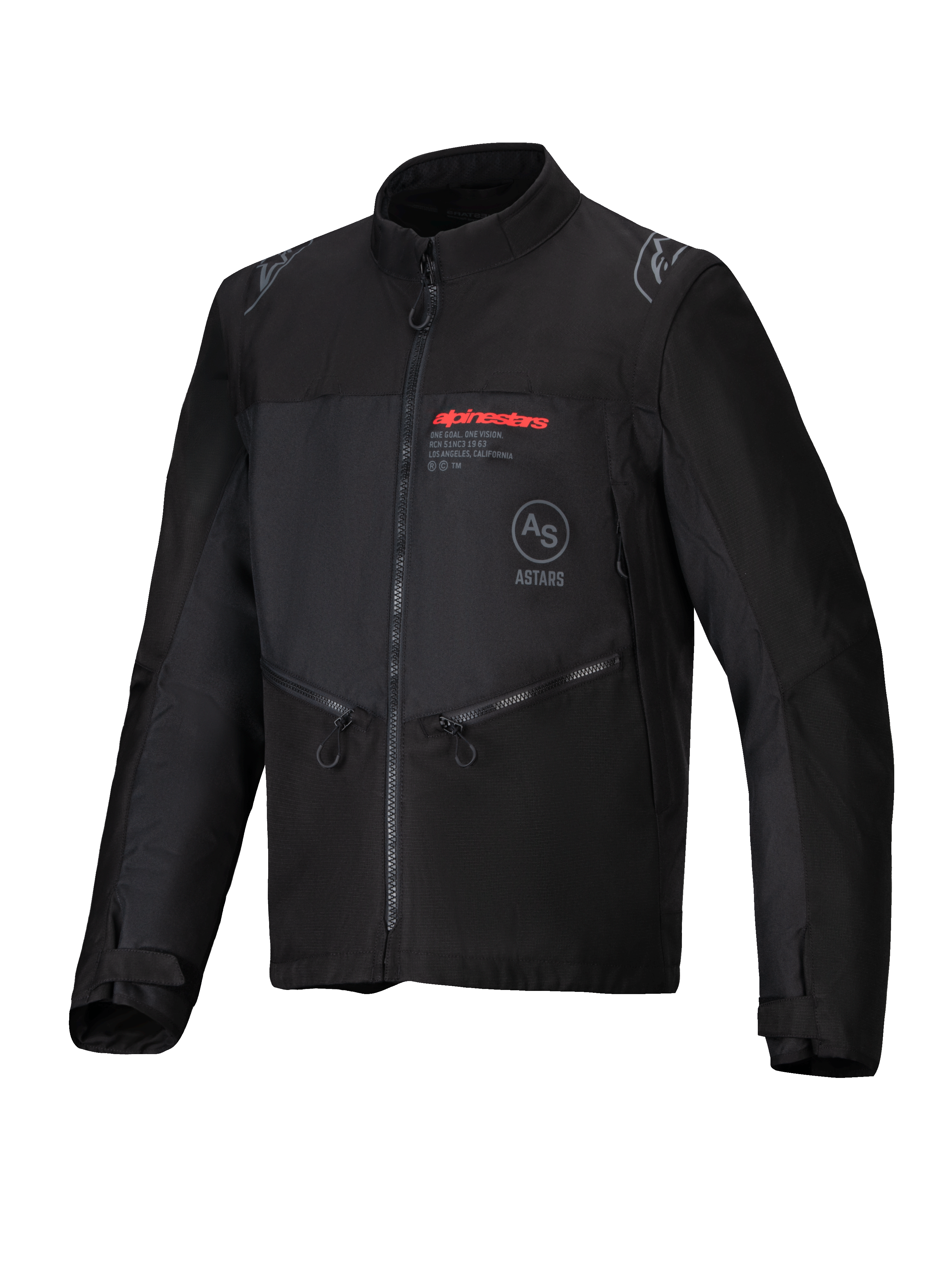 Giacca Alpinestars Pro-Dura, nero, giacca da moto fuoristrada in tessuto ripstop resistente, logo Alpinestars rosso sul petto, tasche con zip oblique e dettagli del logo a stella sulle spalle