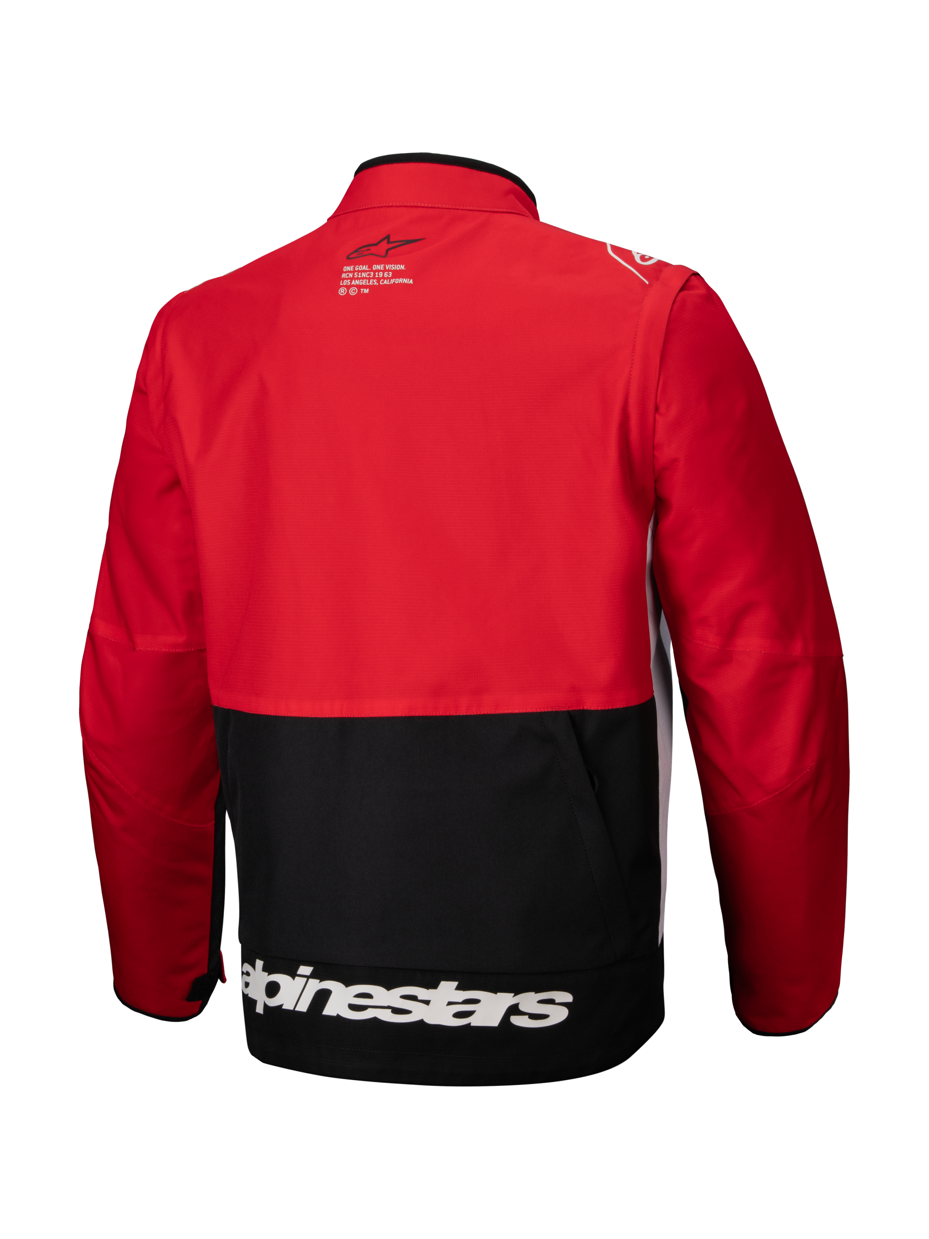 Giacca Alpinestars Pro-Dura, giacca da enduro off-road, nero rosso brillante bianco, vista posteriore, caratterizzata da parte superiore e maniche rosse con pannello inferiore nero, logo Alpinestars bianco sull'orlo inferiore e robusta costruzione in tessuto ripstop per la guida aggressiva sui sentieri.