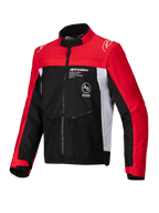 Giacca Alpinestars Pro-Dura, giacca da moto off-road, nero, rosso vivace e bianco, caratterizzata da collo alto, cerniera anteriore e struttura in tessuto ripstop con maniche rosse, inserti laterali bianchi e logo Alpinestars sul petto.