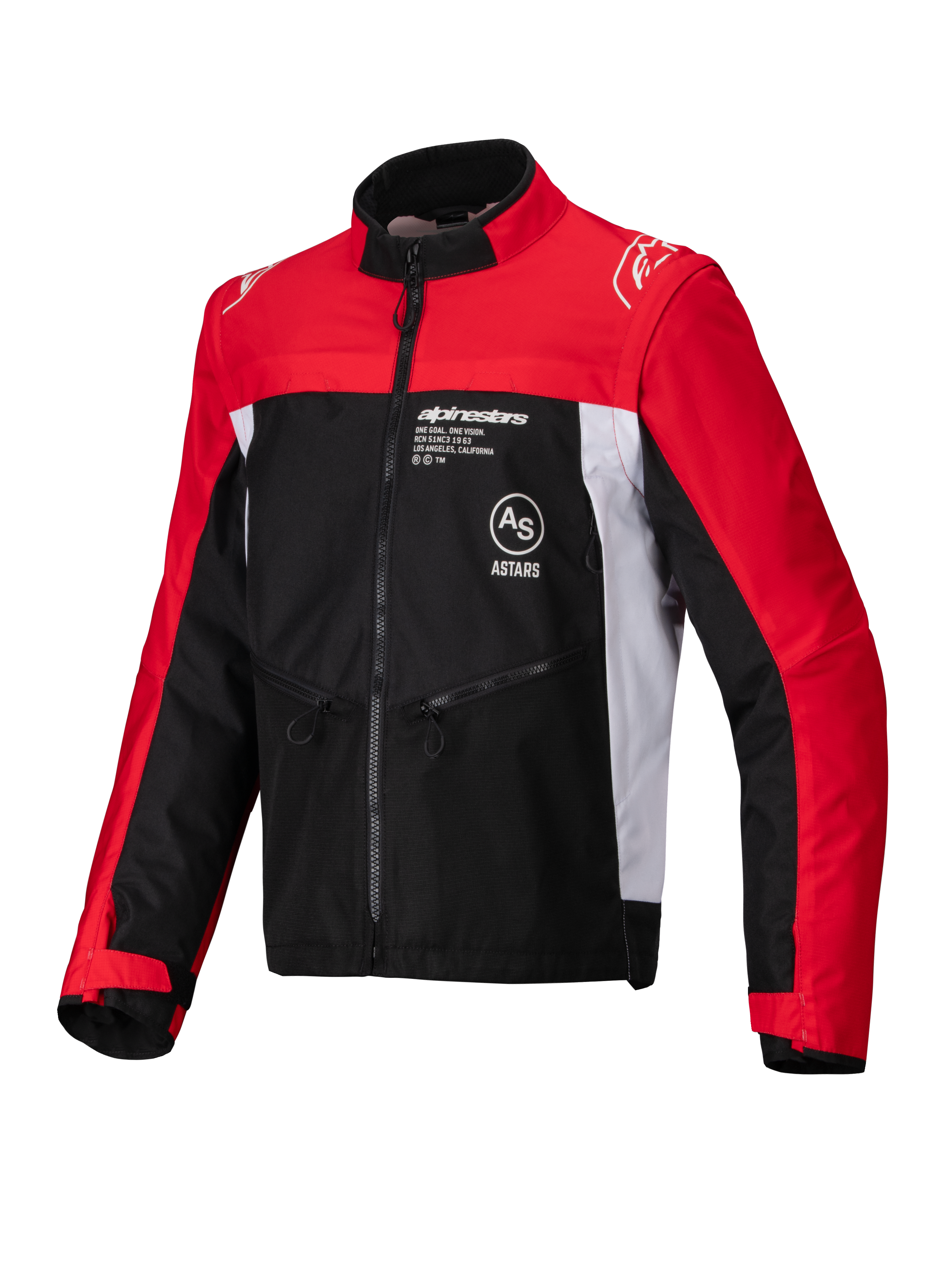 Giacca Alpinestars Pro-Dura, giacca da moto off-road, nero, rosso vivace e bianco, caratterizzata da collo alto, cerniera anteriore e struttura in tessuto ripstop con maniche rosse, inserti laterali bianchi e logo Alpinestars sul petto.