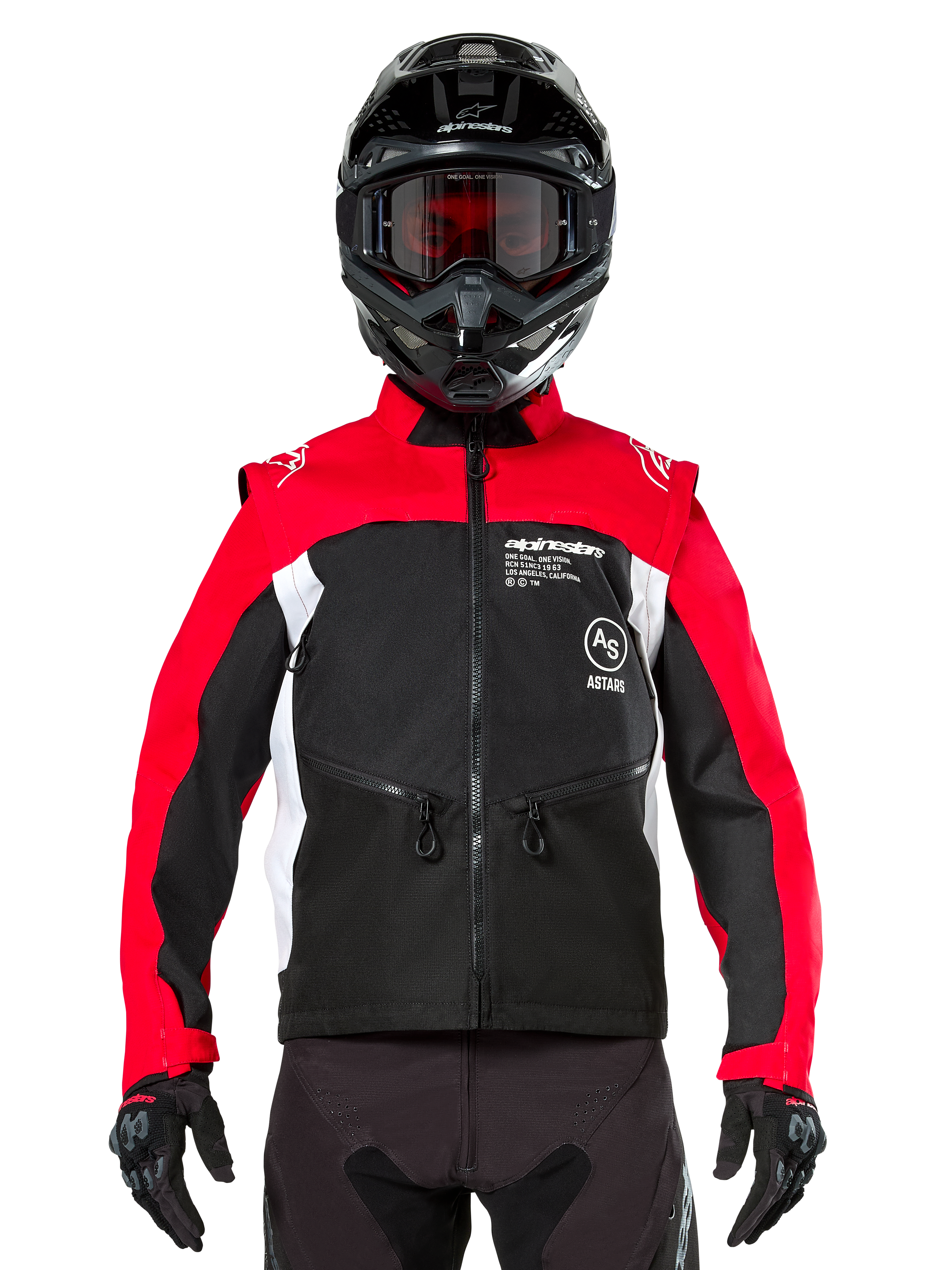 Giacca Alpinestars Pro-Dura, giacca da moto fuoristrada, nero, rosso acceso e bianco, indossata da un pilota con casco da motocross nero e maschera, caratterizzata da una resistente costruzione in ripstop e pannelli laterali bianchi, progettata per l'enduro e il trail riding