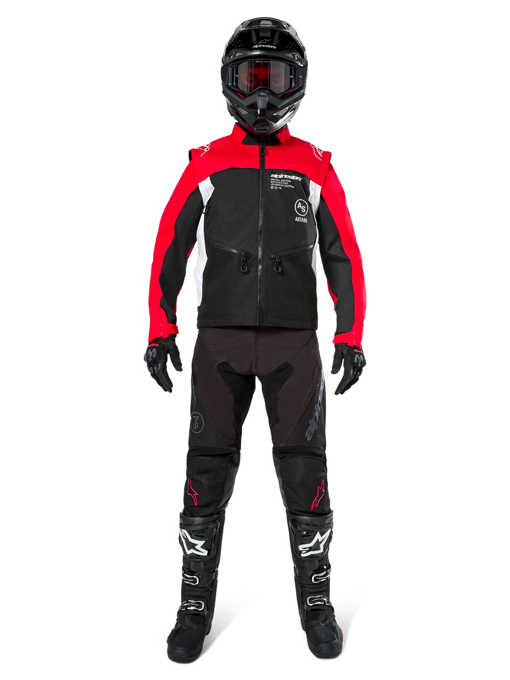 Pilota di motocross con equipaggiamento completo da fuoristrada, Giacca Alpinestars Pro-Dura in Nero, Rosso Acceso e Bianco, pantaloni neri con dettagli rossi, casco nero con maschera rossa, stivali neri e bianchi, completo coordinato per enduro e trail riding