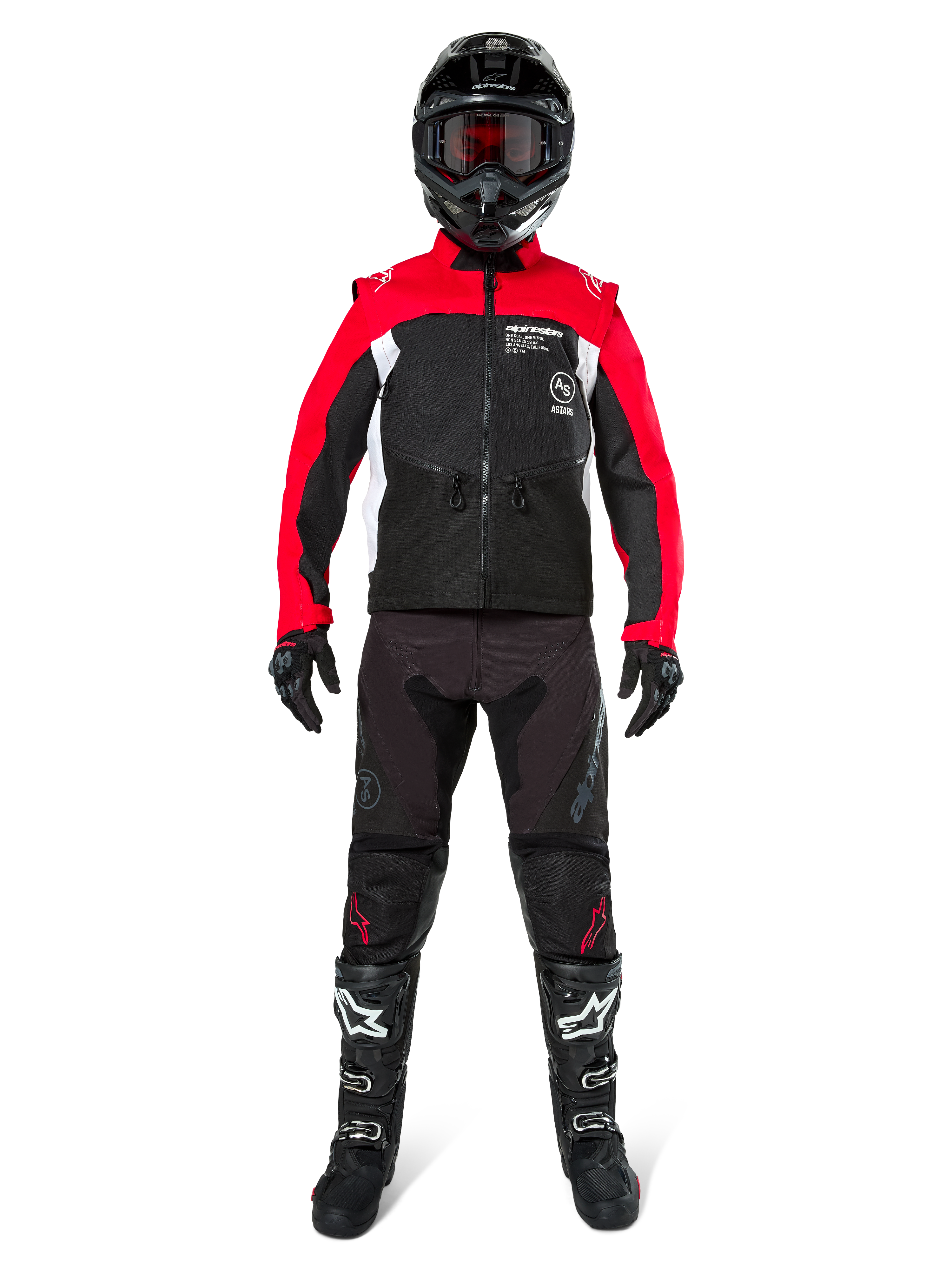 Pilota di motocross con equipaggiamento completo da fuoristrada, Giacca Alpinestars Pro-Dura in Nero, Rosso Acceso e Bianco, pantaloni neri con dettagli rossi, casco nero con maschera rossa, stivali neri e bianchi, completo coordinato per enduro e trail riding