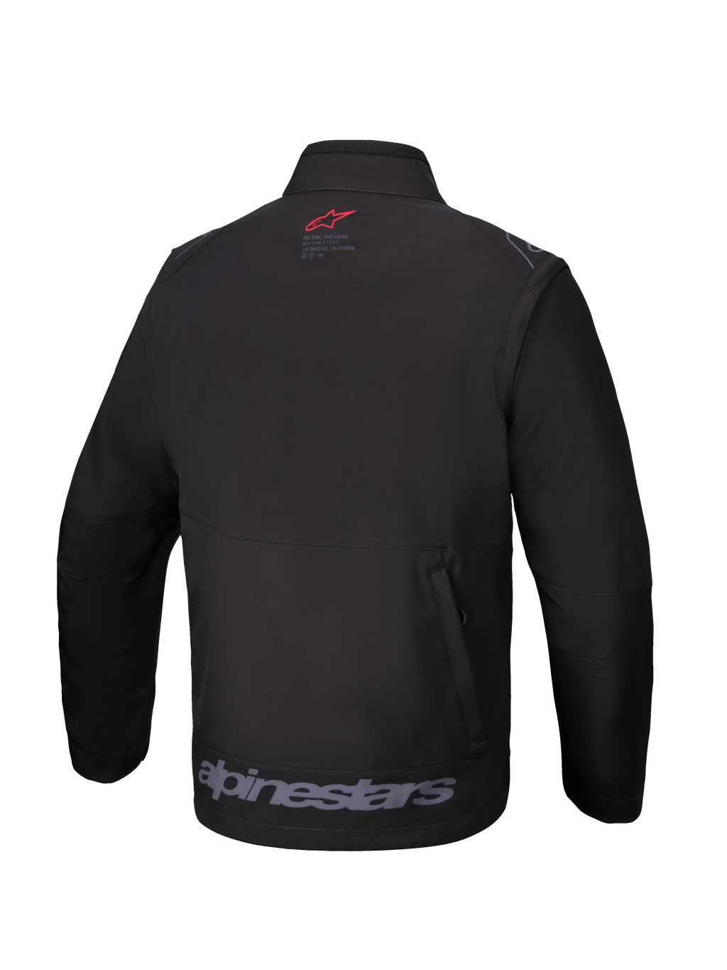 Giacca Softshell Alpinestars Lite-Dura, nero, vista posteriore, con un piccolo logo rosso sul collo, grande scritta Alpinestars grigia sull'orlo inferiore e tasca posteriore verticale con zip, abbigliamento tecnico off-road per enduro e motocross.