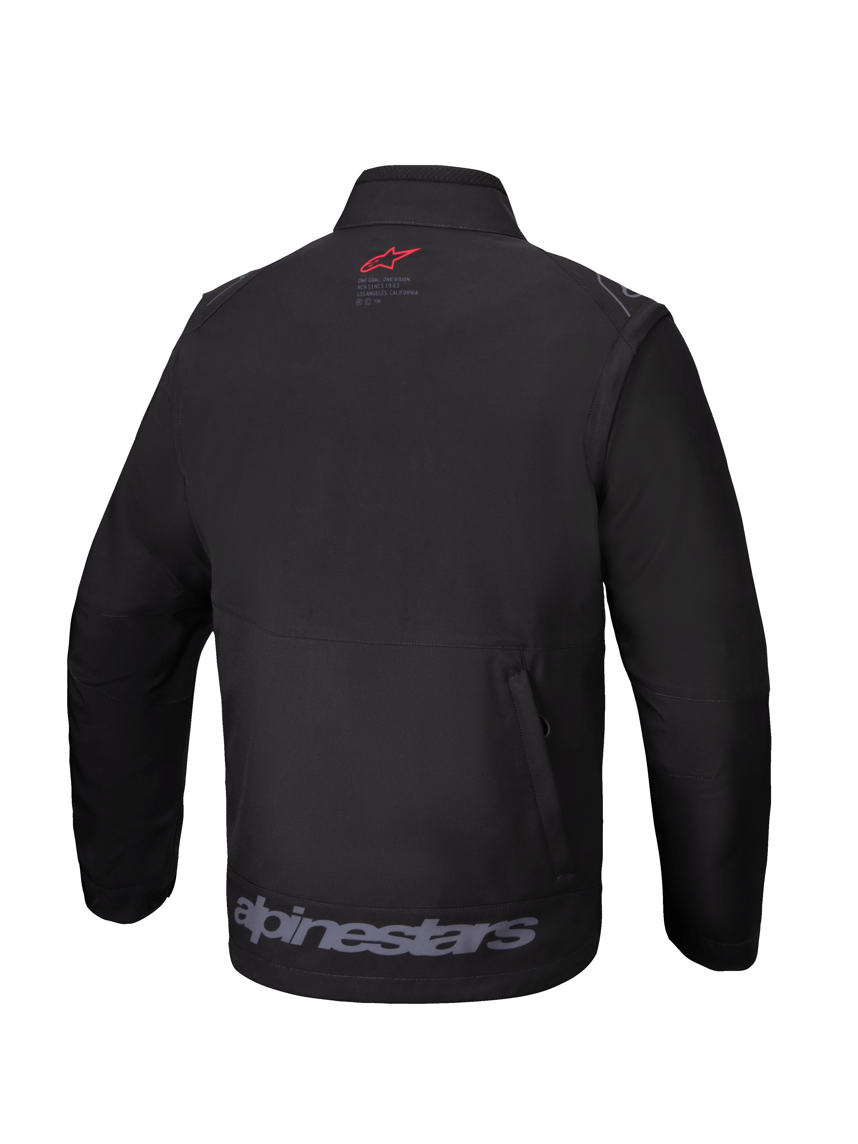 Giacca Softshell Alpinestars Lite-Dura, nero, vista posteriore, con un piccolo logo rosso sul collo, grande scritta Alpinestars grigia sull'orlo inferiore e tasca posteriore verticale con zip, abbigliamento tecnico off-road per enduro e motocross.
