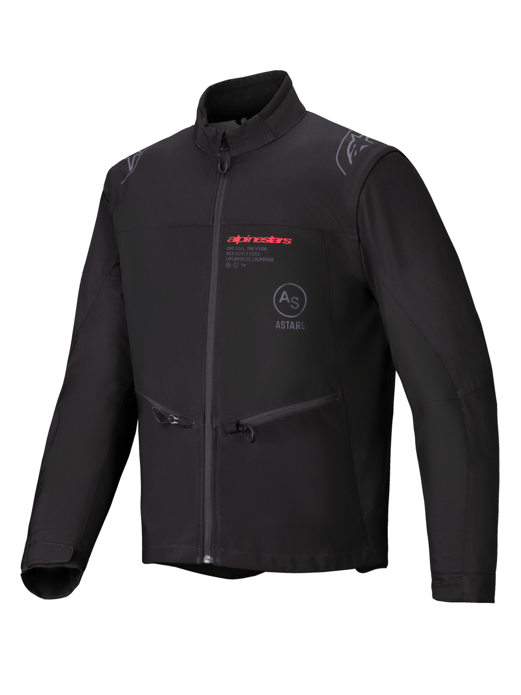 Alpinestars Giacca Softshell Lite-Dura, nero, giacca da moto enduro off-road, con branding Alpinestars rosso e logo AS ASTARS sul petto, tasche con zip e costruzione in softshell antivento.