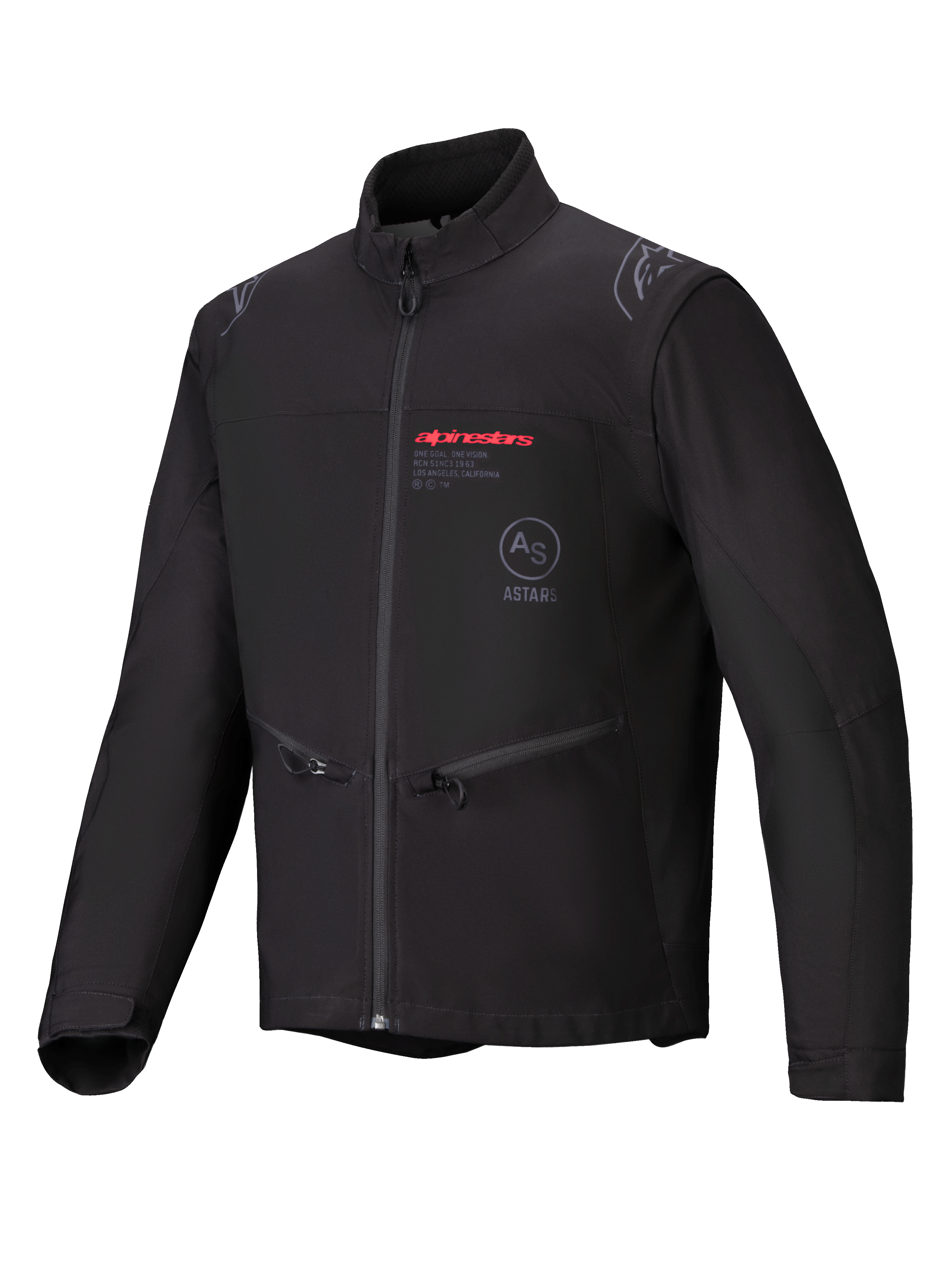 Alpinestars Giacca Softshell Lite-Dura, nero, giacca da moto enduro off-road, con branding Alpinestars rosso e logo AS ASTARS sul petto, tasche con zip e costruzione in softshell antivento.