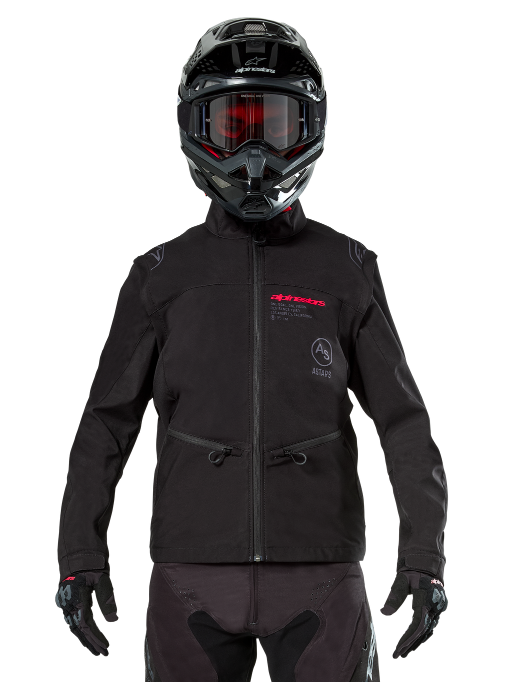Pilota di motocross che indossa la Giacca Softshell Alpinestars Lite-Dura in nero, con dettagli del logo rossi e grigi sul petto, casco nero con occhiali dalle lenti rosse, guanti e pantaloni neri, vista frontale di abbigliamento tecnico da fuoristrada