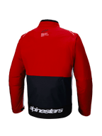 Giacca Softshell Alpinestars Lite-Dura, vista posteriore, giacca da enduro off-road, nero e rosso vivace con accenti bianchi, vistosa scritta Alpinestars bianca sulla parte inferiore della schiena, design color-block, tasca posteriore funzionale, softshell modulare per motocross e trail riding.