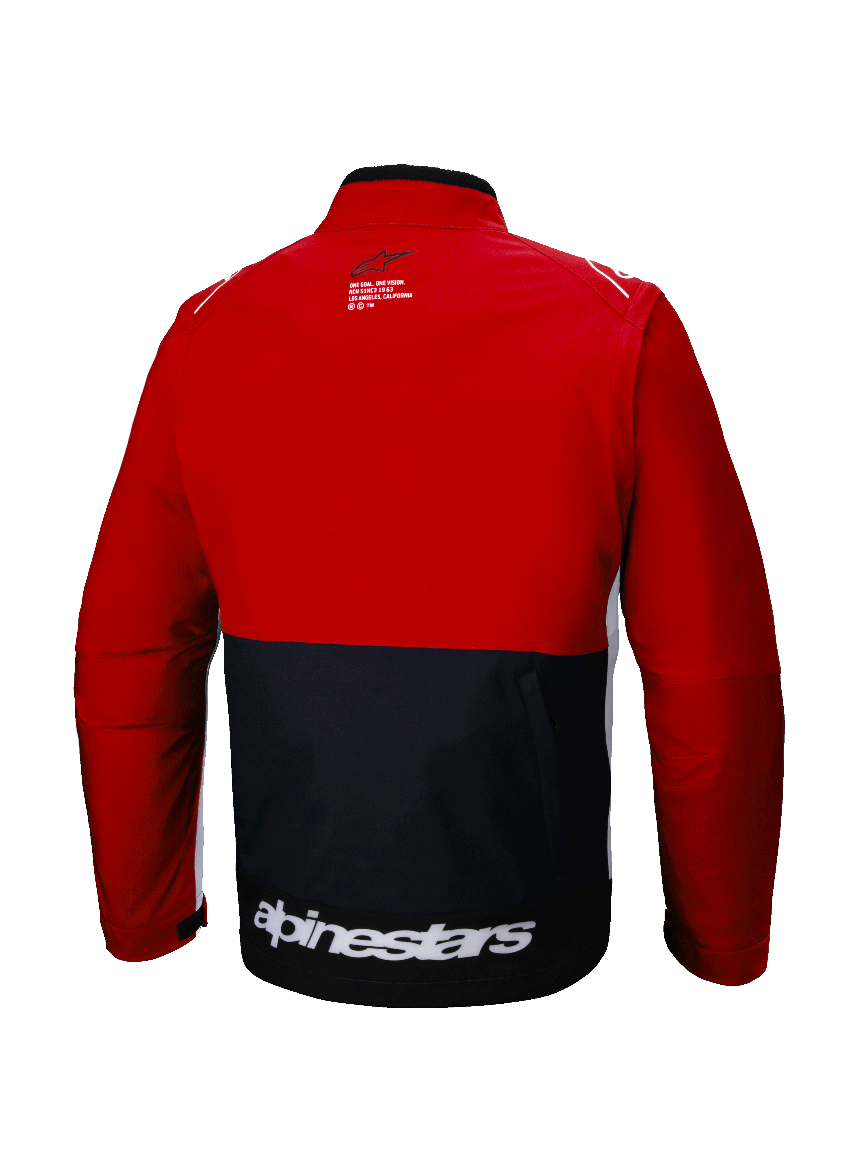 Giacca Softshell Alpinestars Lite-Dura, vista posteriore, giacca da enduro off-road, nero e rosso vivace con accenti bianchi, vistosa scritta Alpinestars bianca sulla parte inferiore della schiena, design color-block, tasca posteriore funzionale, softshell modulare per motocross e trail riding.