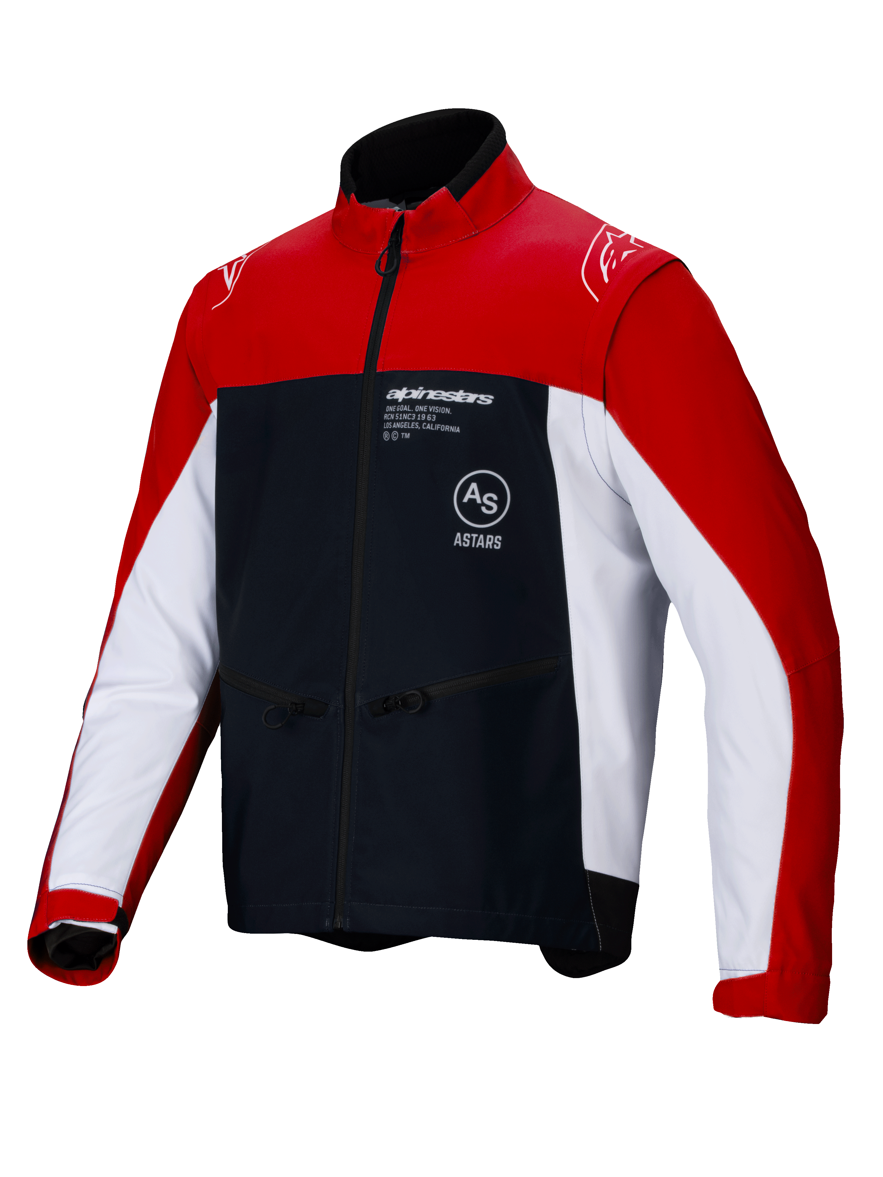 Alpinestars Lite-Dura Softshell Jacket, giacca da moto enduro fuoristrada, nero, rosso vivace e bianco, design color-block con spalle e maniche rosse, pannelli laterali bianchi, petto nero con logo Alpinestars, tasche con zip e design a collo alto