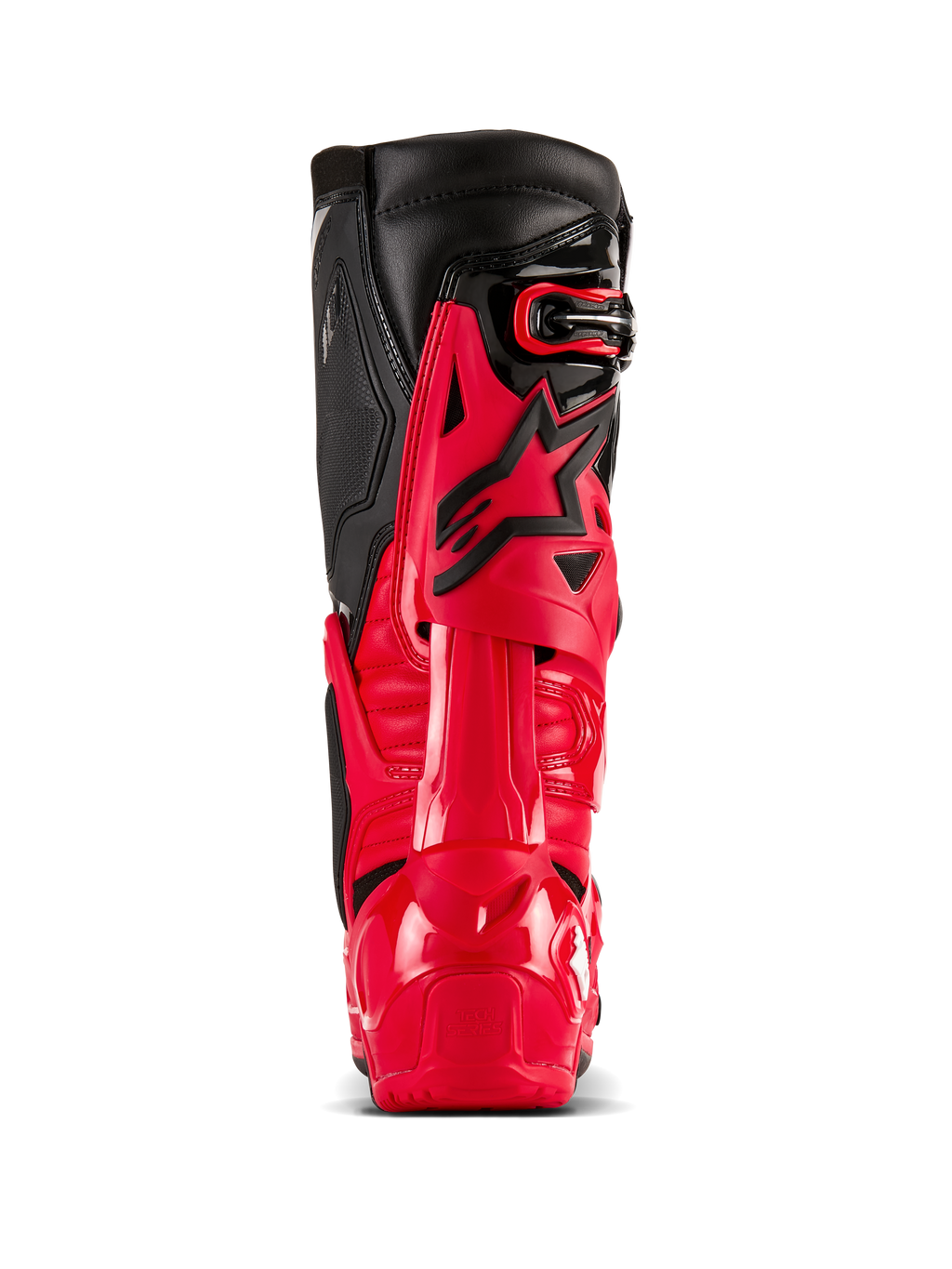 Stivali Alpinestars Tech 10 Enduro, rosso brillante e nero, vista posteriore che mostra il Dynamic Heel Compression Protector e il telaio di flessione, attrezzatura professionale da motocross fuoristrada con calotta in TPU resistente e pannelli superiori in pelle nera