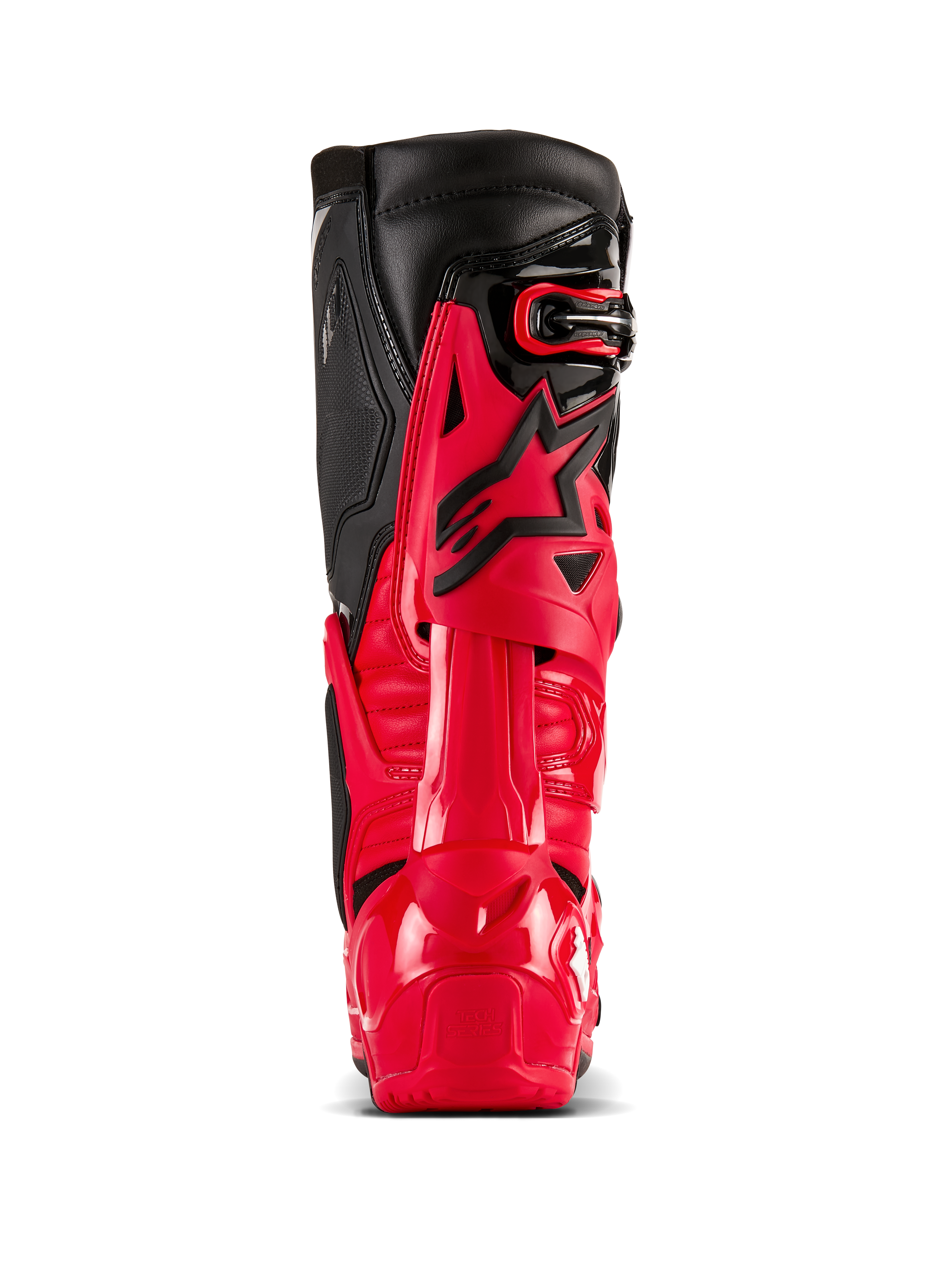 Stivali Alpinestars Tech 10 Enduro, rosso brillante e nero, vista posteriore che mostra il Dynamic Heel Compression Protector e il telaio di flessione, attrezzatura professionale da motocross fuoristrada con calotta in TPU resistente e pannelli superiori in pelle nera