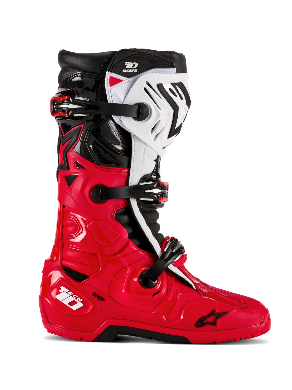 Stivali Alpinestars Tech 10 Enduro, stivali da motocross e off-road, rosso vivace, nero e bianco, vista laterale, sistema di chiusura a tripla fibbia, robusti pannelli protettivi, suola enduro con grip specializzato, logo Astars