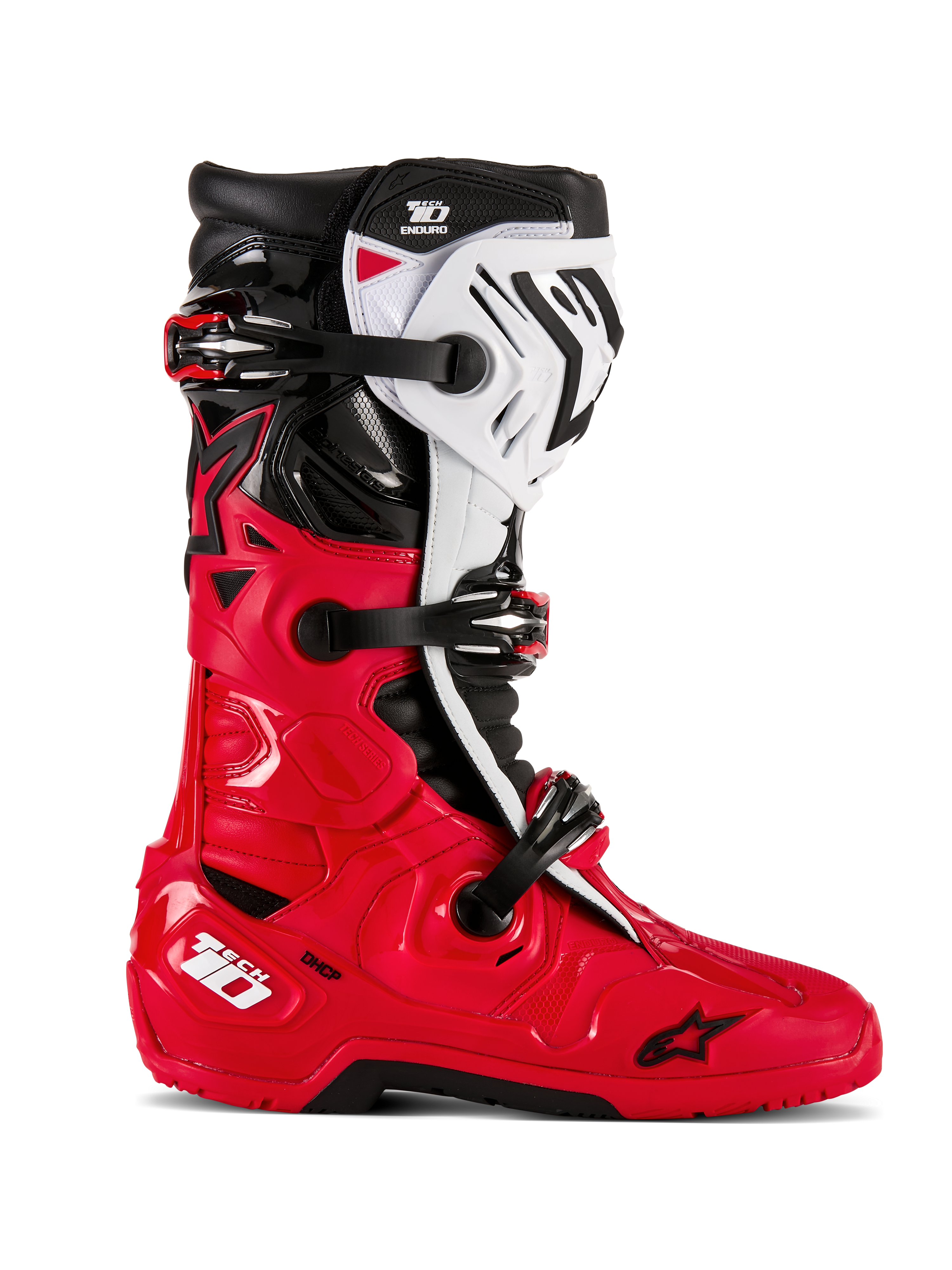 Stivali Alpinestars Tech 10 Enduro, stivali da motocross e off-road, rosso vivace, nero e bianco, vista laterale, sistema di chiusura a tripla fibbia, robusti pannelli protettivi, suola enduro con grip specializzato, logo Astars