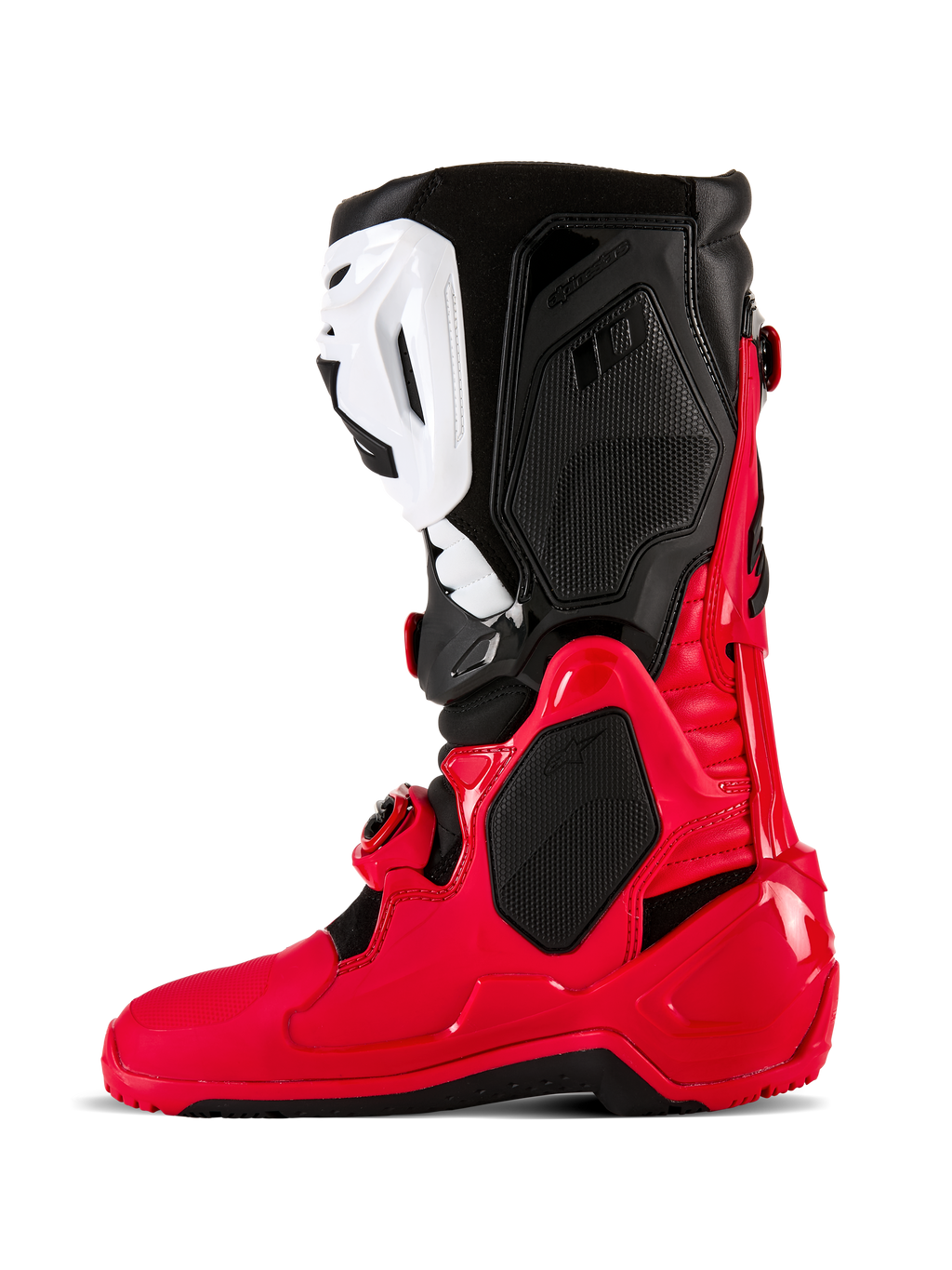 Alpinestars Tech 10 Enduro Boots, stivali da motocross ed enduro, rosso brillante, nero e bianco, vista laterale con scocca in TPU resistente, parastinco bianco e pannelli superiori neri, progettati per prestazioni off-road
