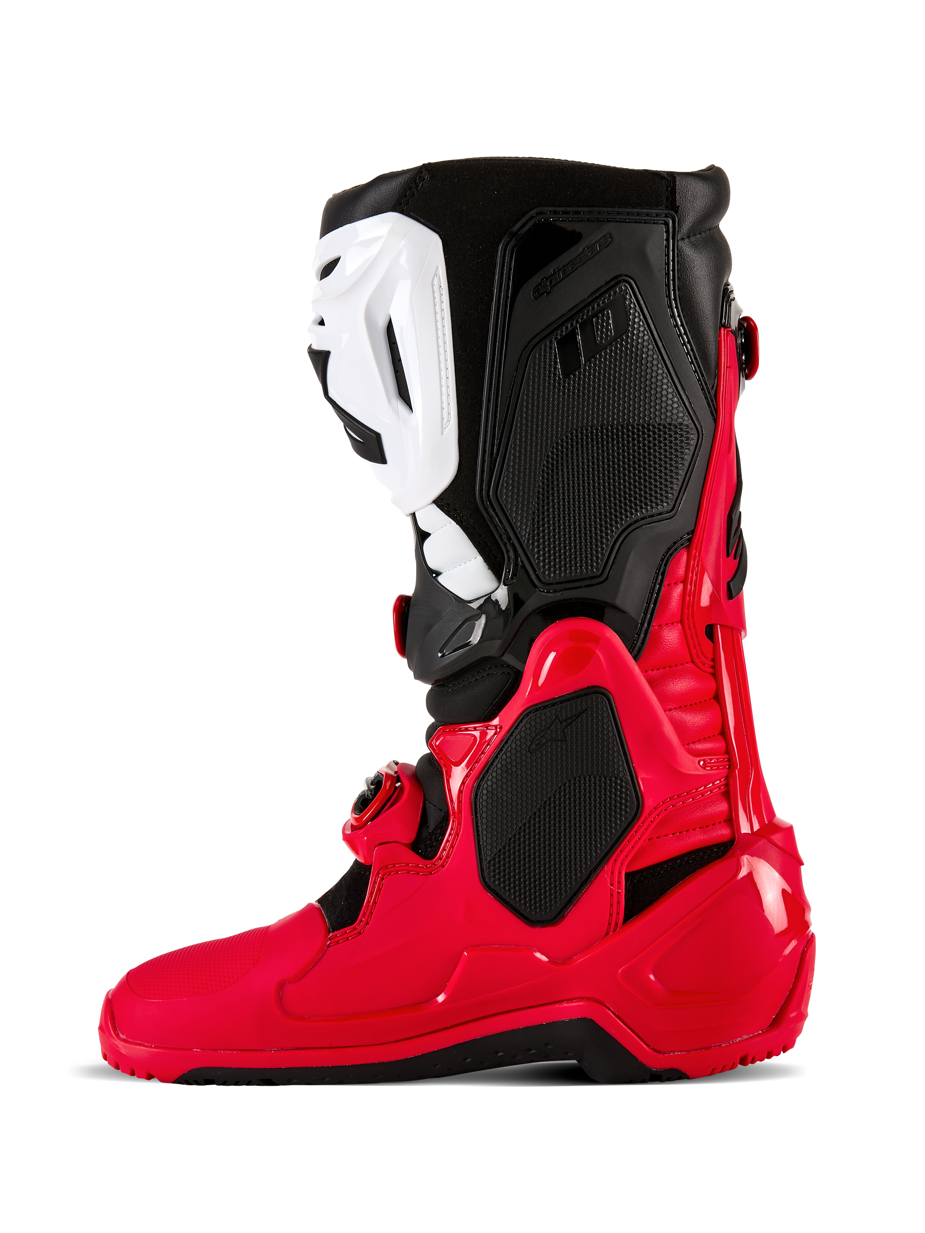 Alpinestars Tech 10 Enduro Boots, stivali da motocross ed enduro, rosso brillante, nero e bianco, vista laterale con scocca in TPU resistente, parastinco bianco e pannelli superiori neri, progettati per prestazioni off-road