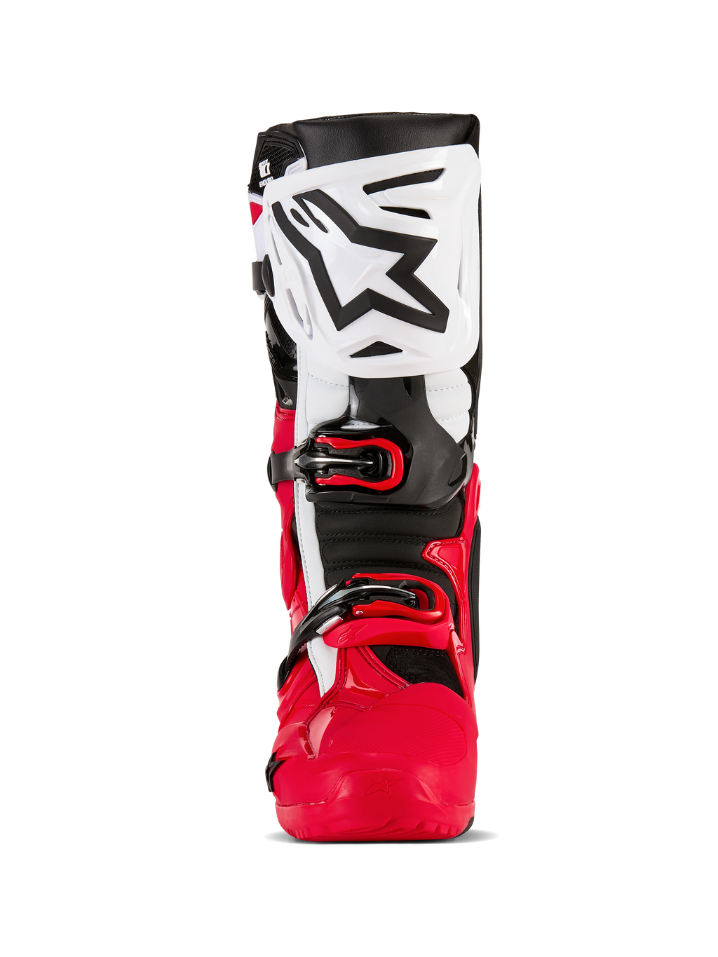Stivali Alpinestars Tech 10 Enduro, stivali da motocross ed enduro, rosso brillante, nero e bianco, vista frontale con parastinco bianco e logo Alpinestars nero, calotta inferiore rossa e sistema di chiusura con fibbie sicuro, equipaggiamento protettivo ad alte prestazioni per la guida fuoristrada
