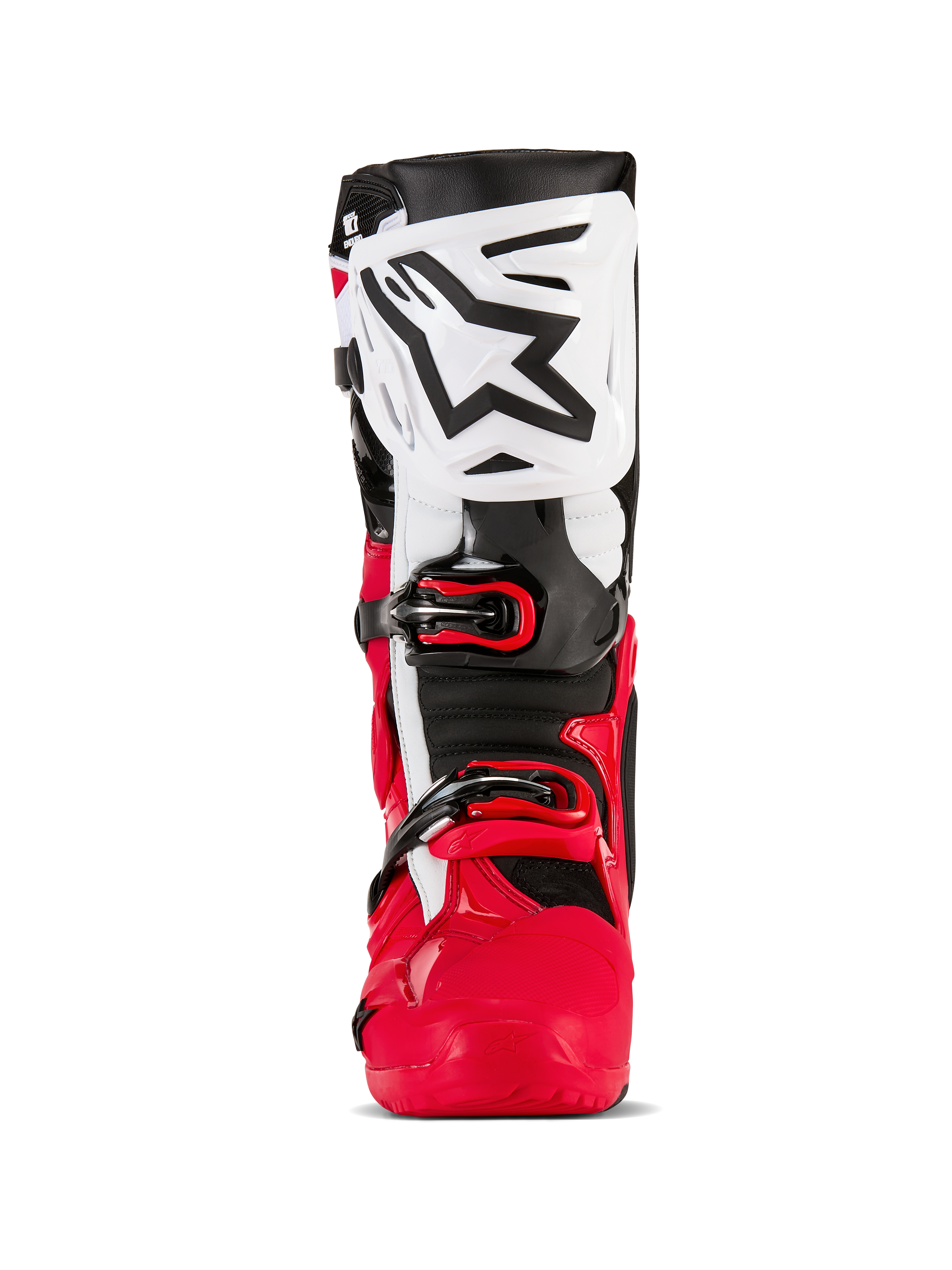 Stivali Alpinestars Tech 10 Enduro, stivali da motocross ed enduro, rosso brillante, nero e bianco, vista frontale con parastinco bianco e logo Alpinestars nero, calotta inferiore rossa e sistema di chiusura con fibbie sicuro, equipaggiamento protettivo ad alte prestazioni per la guida fuoristrada