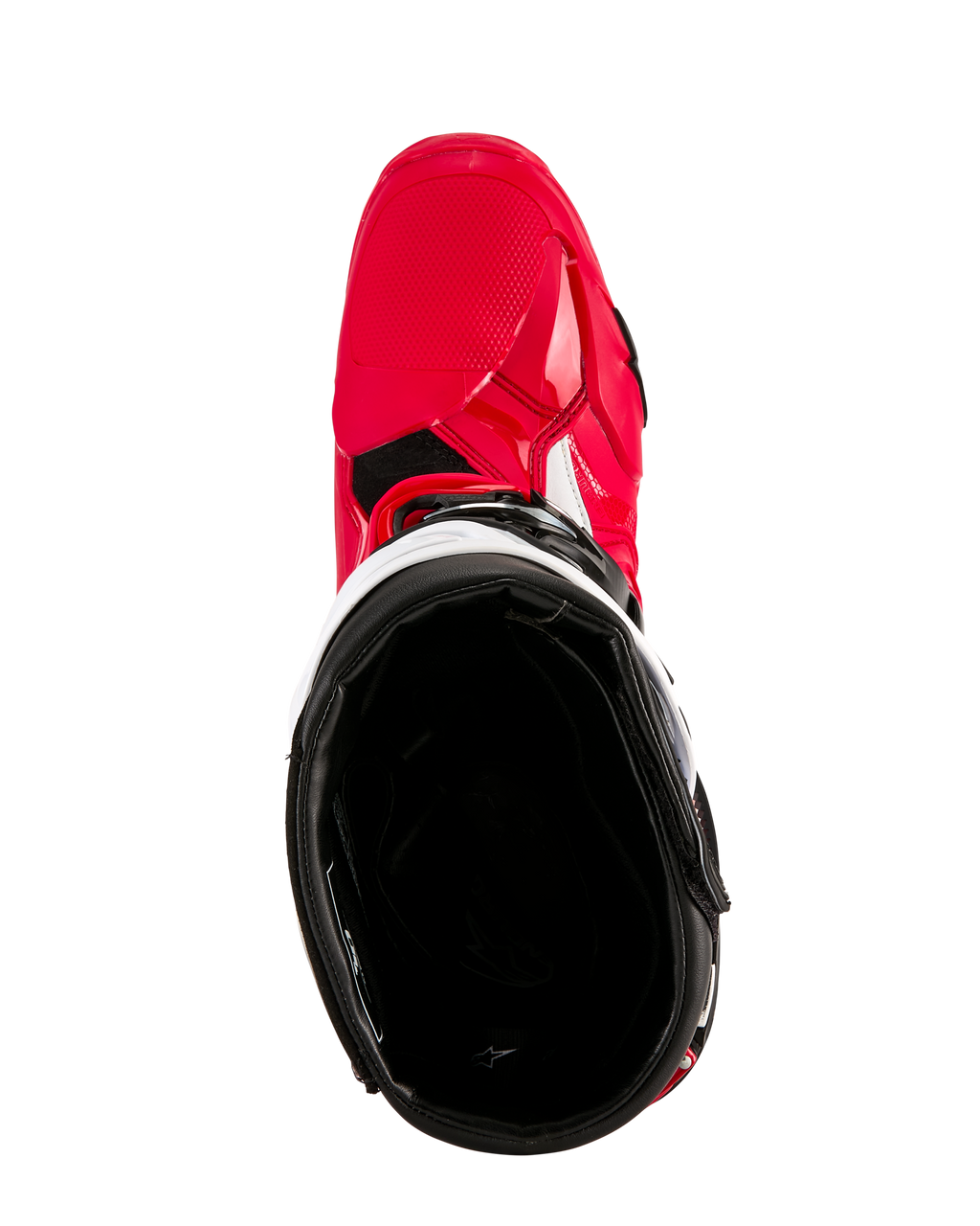 Stivali Alpinestars Tech 10 Enduro, stivali da motocross, rosso brillante nero bianco, vista dall'alto verso l'interno nero, scocca esterna rosso brillante con accenti bianchi, calzatura protettiva per fuoristrada