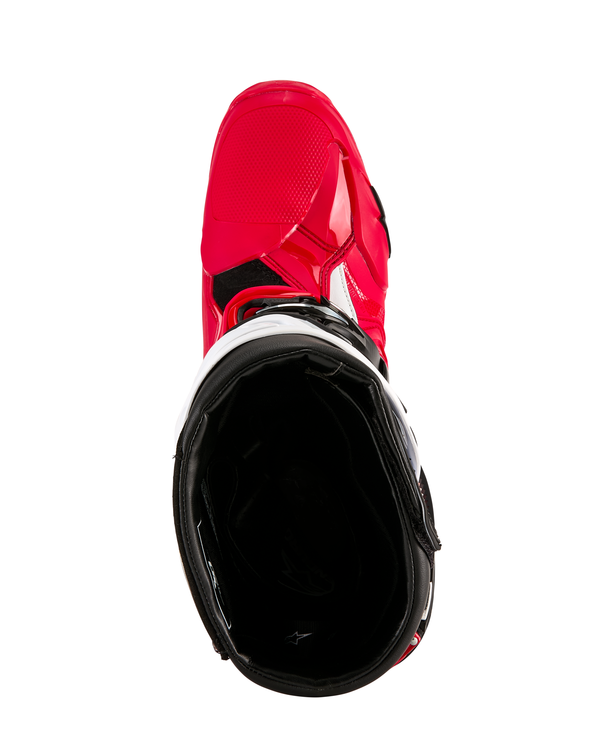 Stivali Alpinestars Tech 10 Enduro, stivali da motocross, rosso brillante nero bianco, vista dall'alto verso l'interno nero, scocca esterna rosso brillante con accenti bianchi, calzatura protettiva per fuoristrada