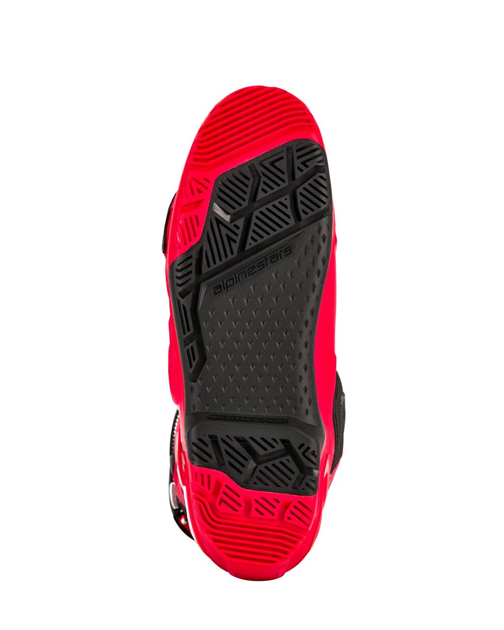 Stivali Alpinestars Tech 10 Enduro, rosso acceso e nero, vista inferiore della suola a doppia mescola specifica per l'enduro, con battistrada ad alta aderenza e inserto centrale nero sostituibile.
