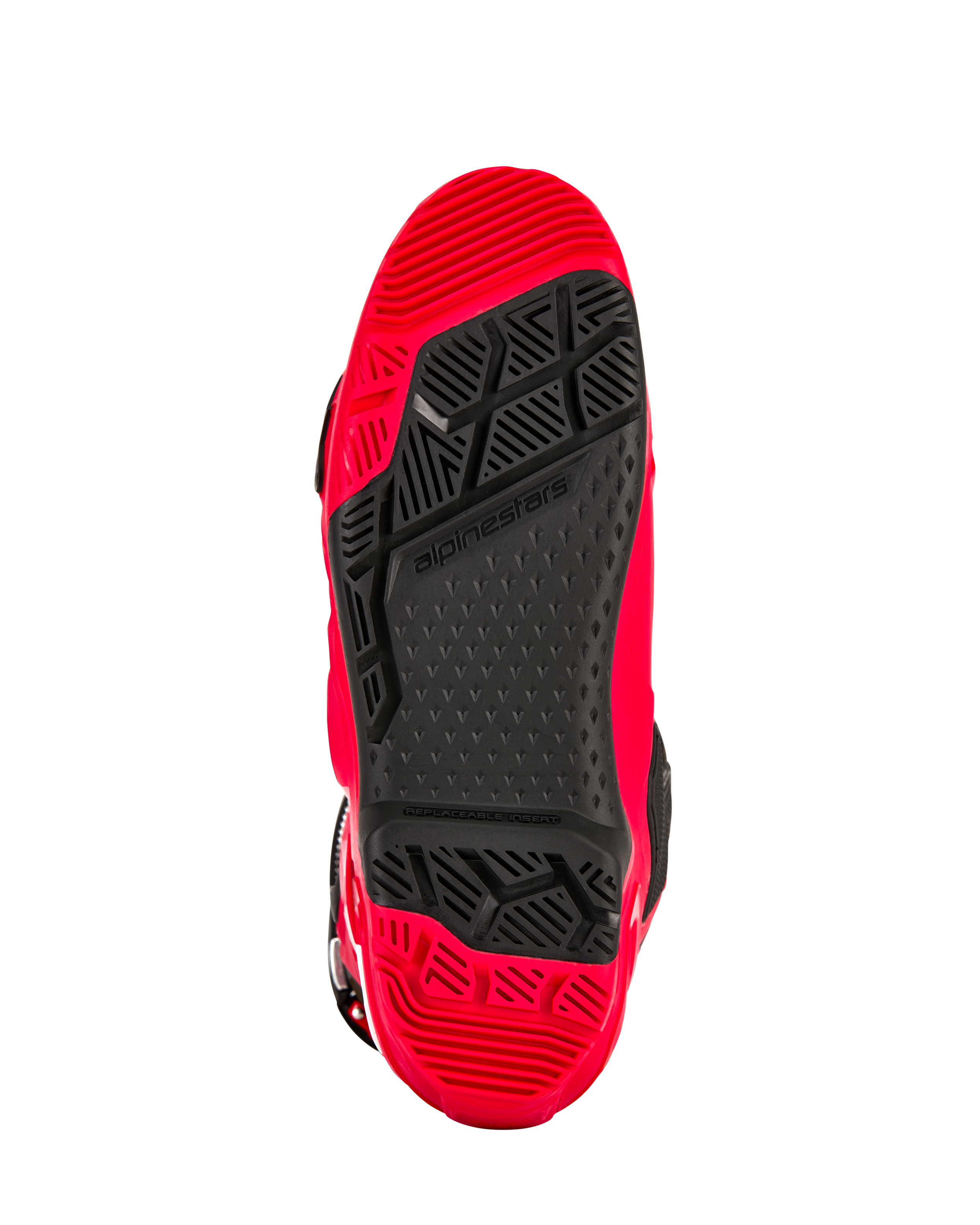 Stivali Alpinestars Tech 10 Enduro, rosso acceso e nero, vista inferiore della suola a doppia mescola specifica per l'enduro, con battistrada ad alta aderenza e inserto centrale nero sostituibile.