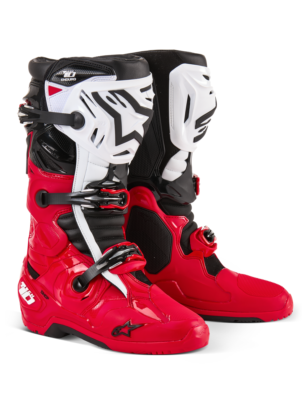 Stivali Alpinestars Tech 10 Enduro, stivali da motocross ed enduro, rosso acceso, nero e bianco, parastinchi bianchi con logo Astars nero, fibbie e cinturini neri, design resistente per corse fuoristrada