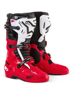 Stivali Alpinestars Tech 10 Enduro, stivali da motocross ed enduro, rosso acceso, nero e bianco, parastinchi bianchi con logo Astars nero, fibbie e cinturini neri, design resistente per corse fuoristrada