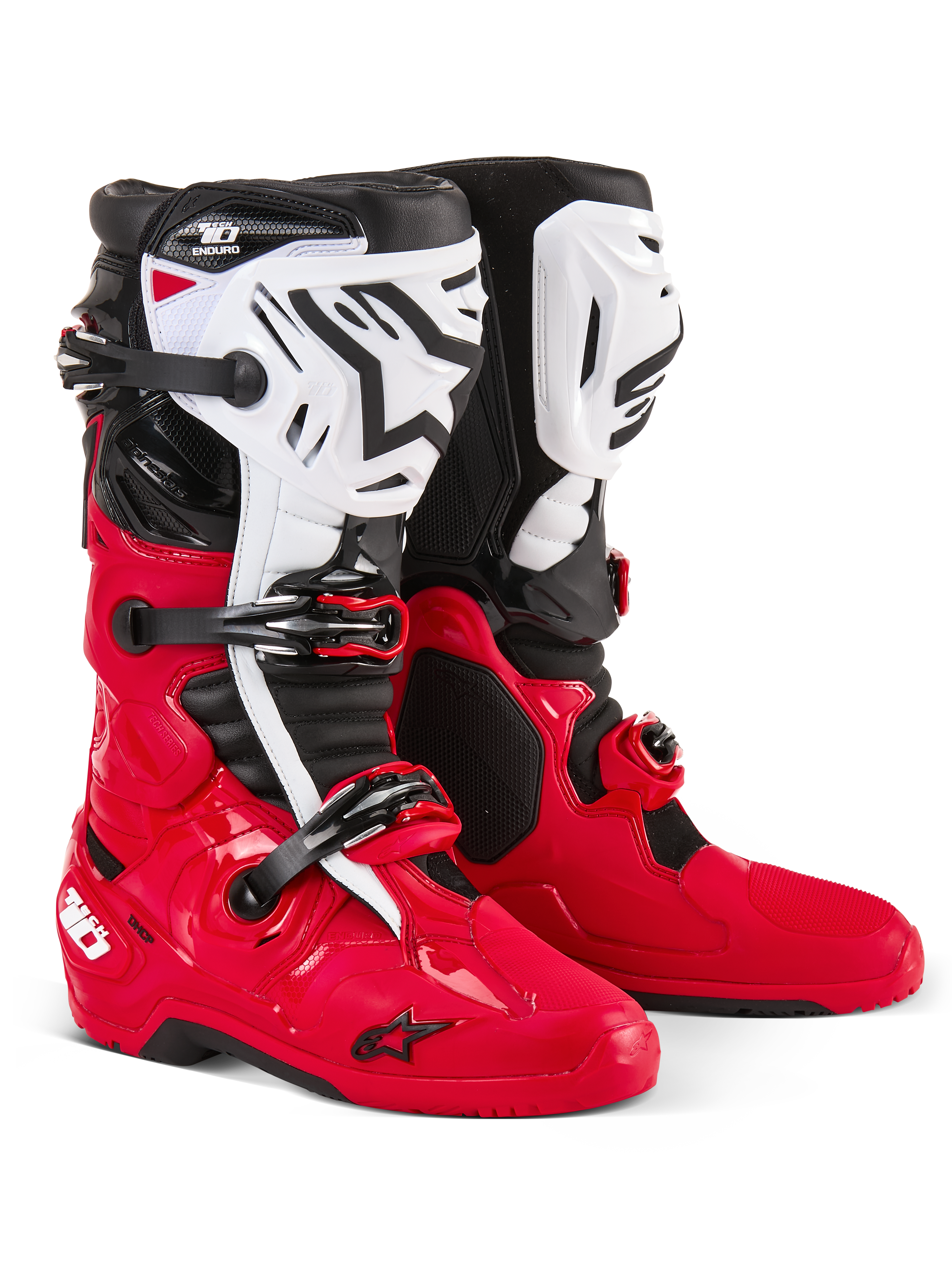 Stivali Alpinestars Tech 10 Enduro, stivali da motocross ed enduro, rosso acceso, nero e bianco, parastinchi bianchi con logo Astars nero, fibbie e cinturini neri, design resistente per corse fuoristrada