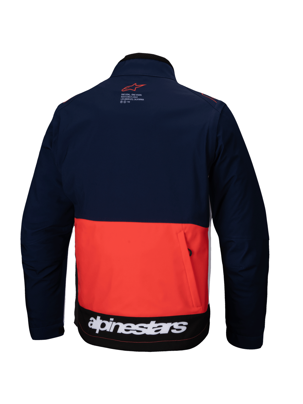 Giacca Softshell Alpinestars Lite-Dura in blu navy, arancione acceso e bianco, vista posteriore che mostra il design a blocchi di colore, ampia tasca posteriore con zip e marchio Alpinestars bianco sul bordo inferiore.