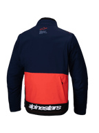 Giacca Softshell Alpinestars Lite-Dura in blu navy, arancione acceso e bianco, vista posteriore che mostra il design a blocchi di colore, ampia tasca posteriore con zip e marchio Alpinestars bianco sul bordo inferiore.