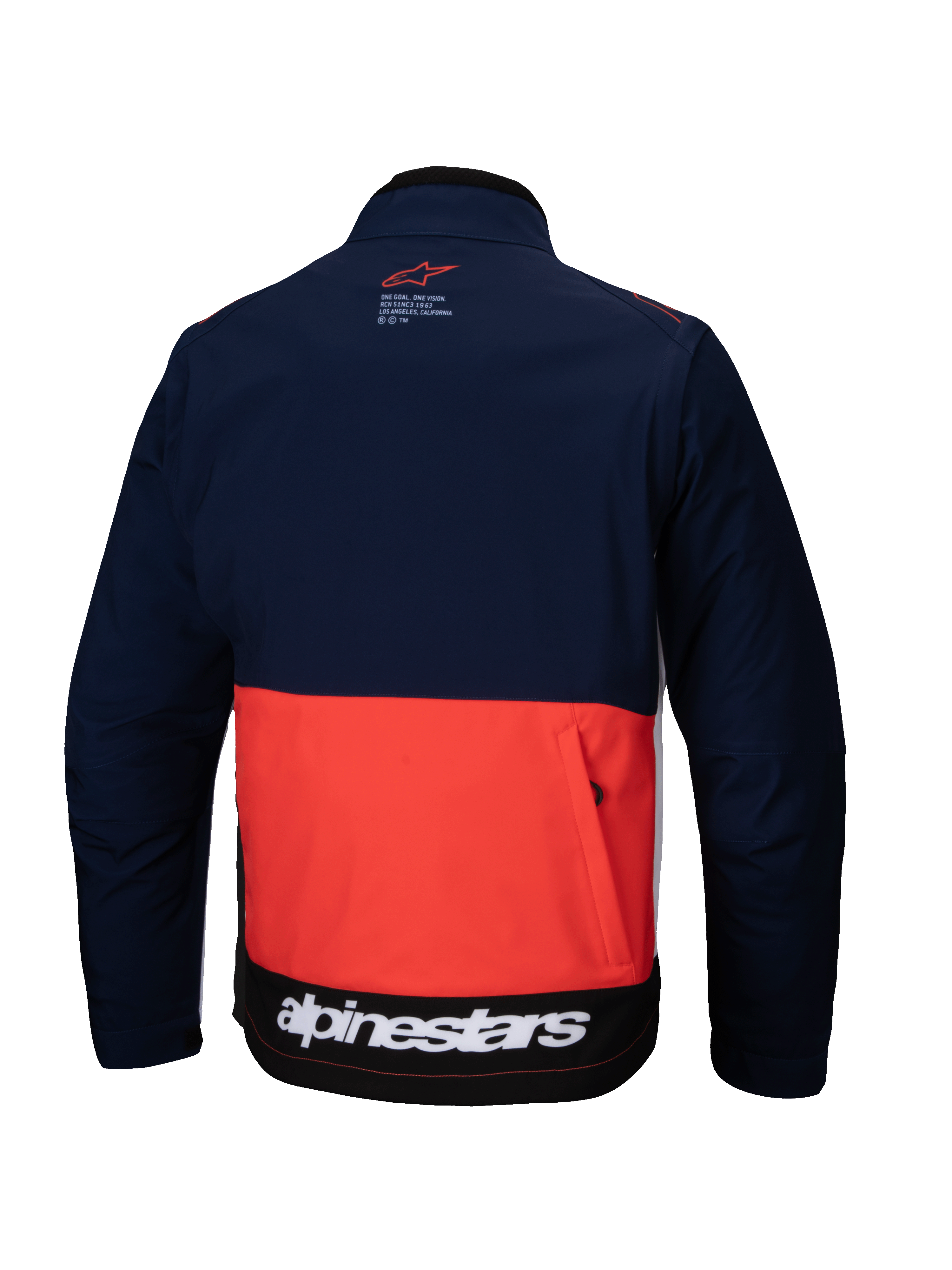Giacca Softshell Alpinestars Lite-Dura in blu navy, arancione acceso e bianco, vista posteriore che mostra il design a blocchi di colore, ampia tasca posteriore con zip e marchio Alpinestars bianco sul bordo inferiore.