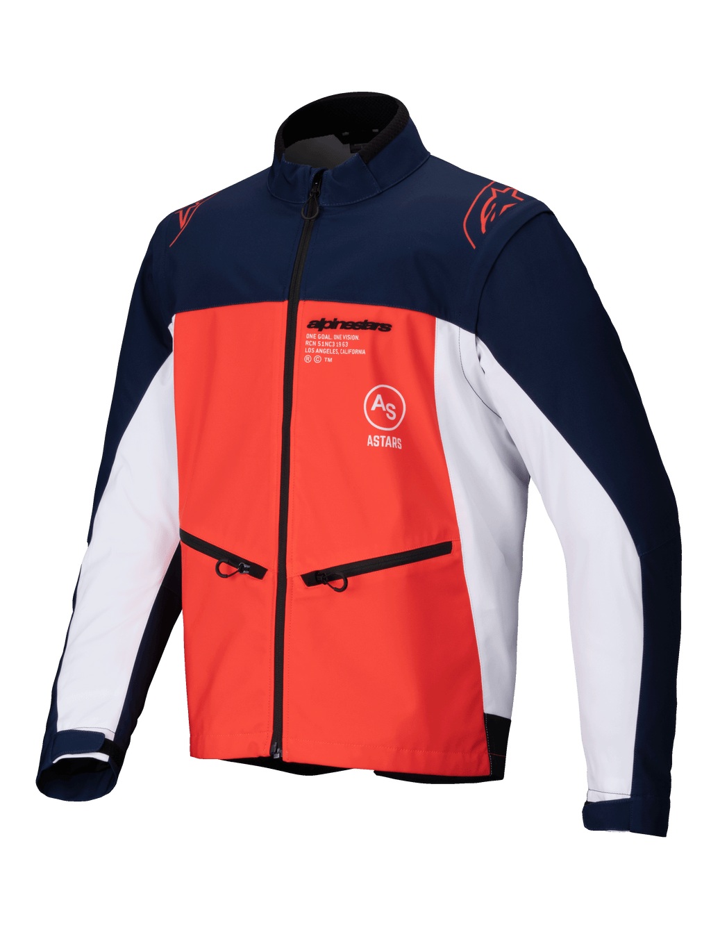 Alpinestars Lite-Dura Softshell Jacket, blu navy, arancione acceso e bianco, vista frontale di una giacca tecnica da fuoristrada con tasche per le mani con zip, loghi sul petto e materiale elasticizzato resistente per la guida enduro