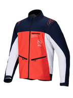 Alpinestars Lite-Dura Softshell Jacket, blu navy, arancione acceso e bianco, vista frontale di una giacca tecnica da fuoristrada con tasche per le mani con zip, loghi sul petto e materiale elasticizzato resistente per la guida enduro