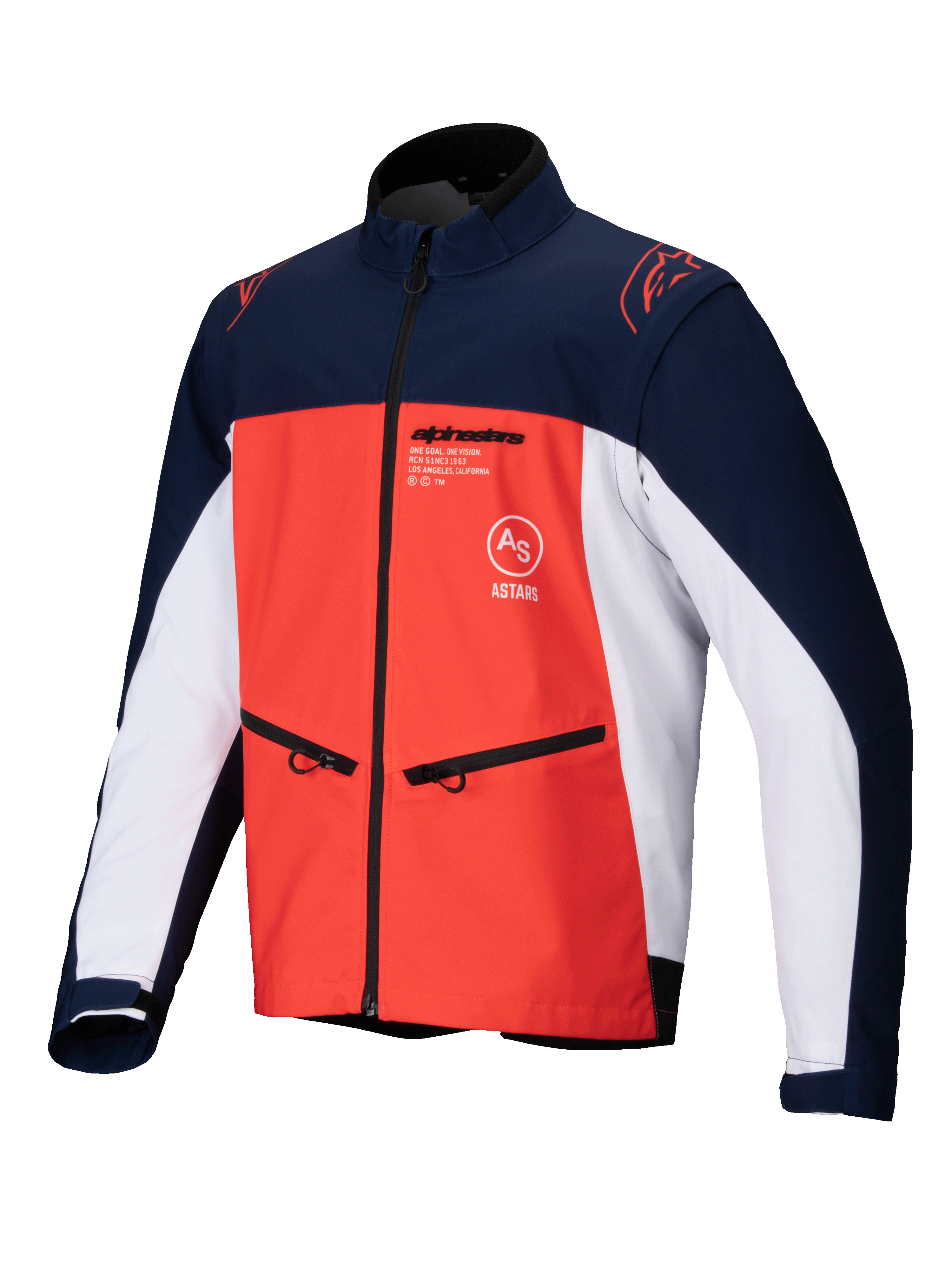 Alpinestars Lite-Dura Softshell Jacket, blu navy, arancione acceso e bianco, vista frontale di una giacca tecnica da fuoristrada con tasche per le mani con zip, loghi sul petto e materiale elasticizzato resistente per la guida enduro